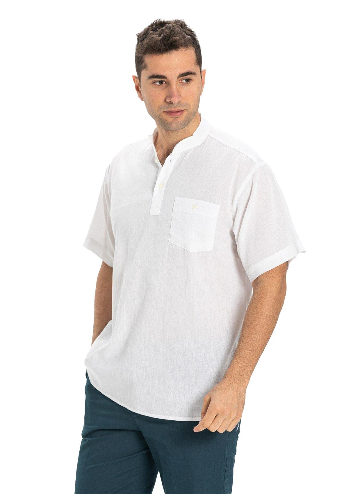 Büyük Beden Şile Bezi Kısa Kol Tek Cepli Hakim Yaka Erkek Tshirt Beyaz 3001