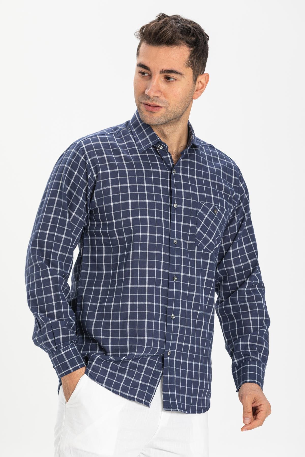 Büyük Beden Şile Bezi Tek Cepli Uzun Kol Erkek Gömlek Lacivert Beyaz Kareli 3070