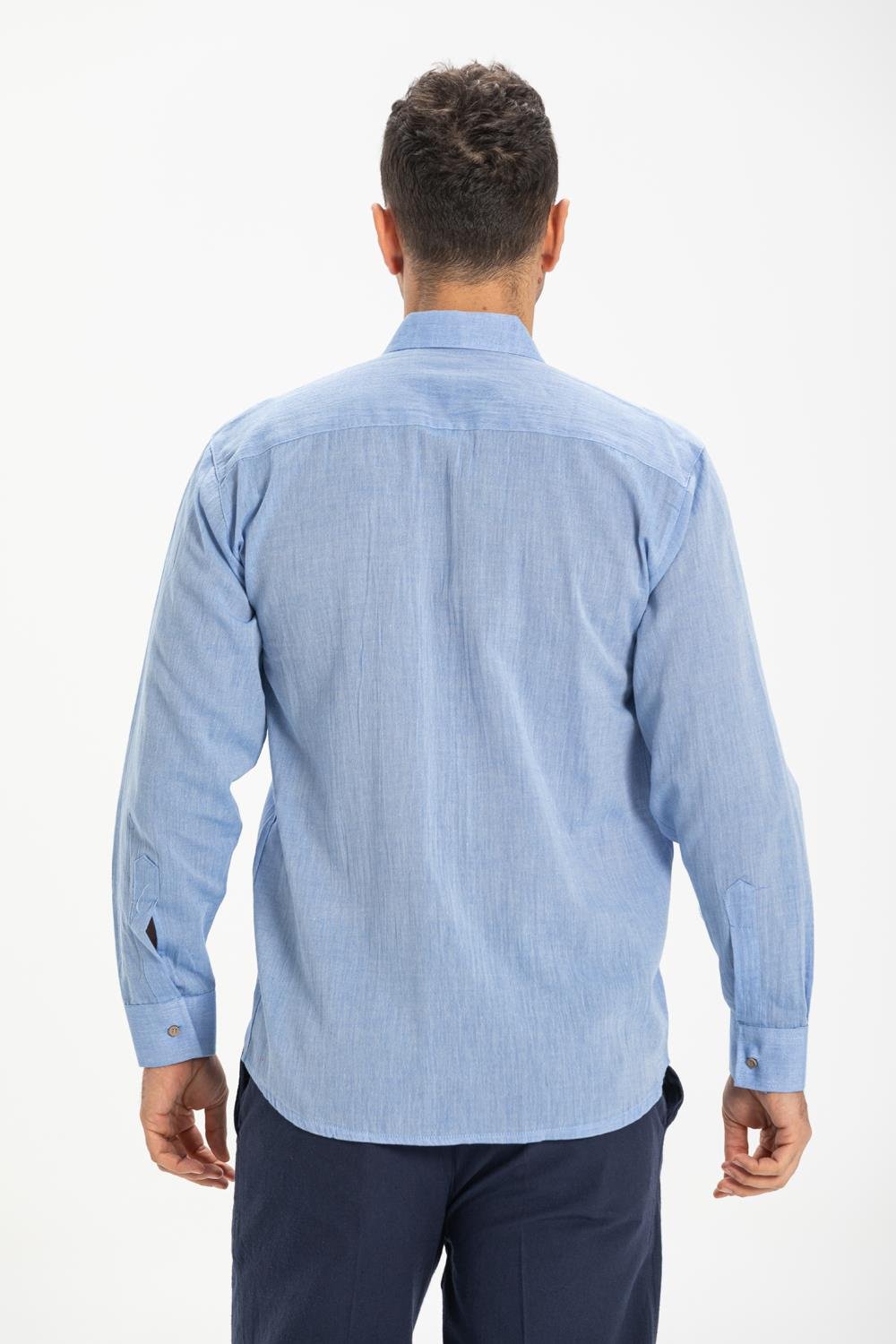 Büyük Beden Şile Bezi Tek Cepli Uzun Kol Erkek Gömlek Mavi 3032