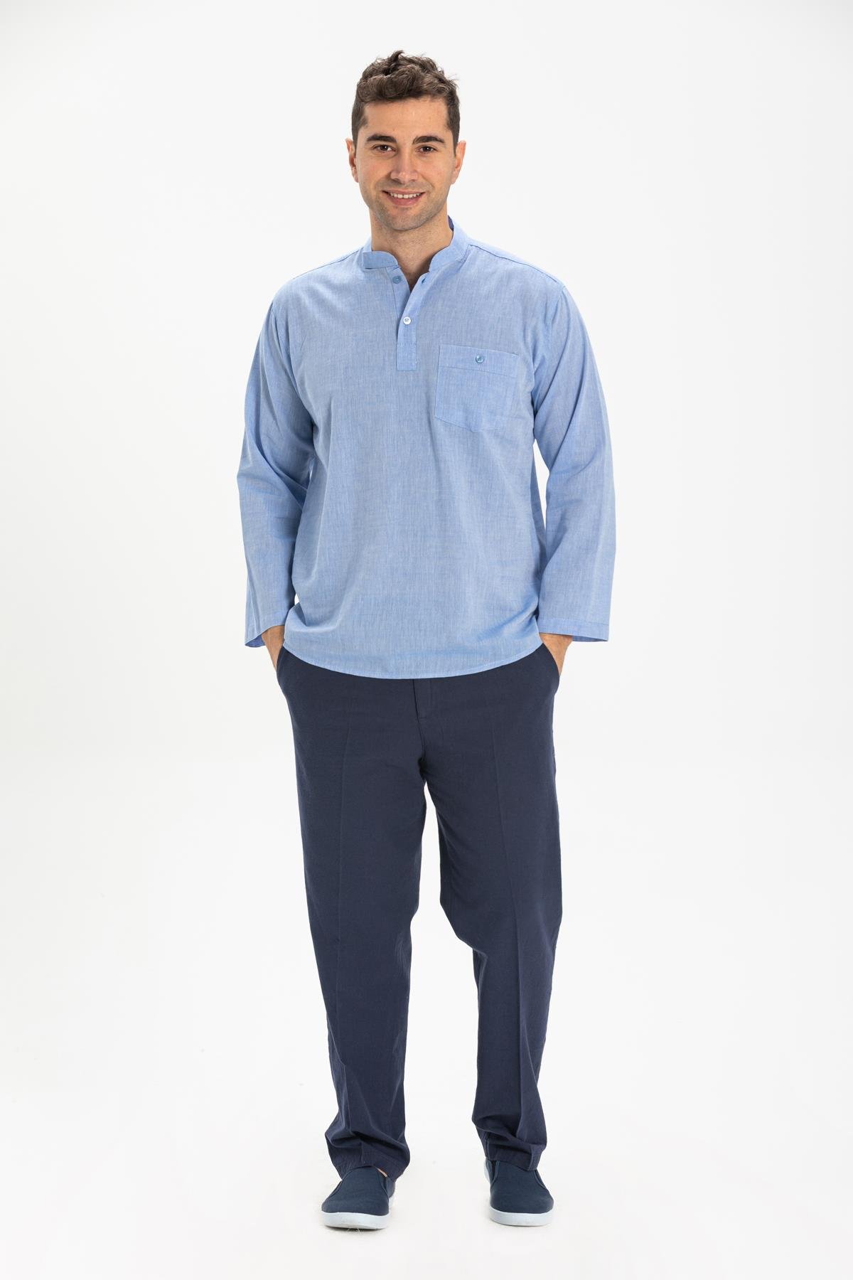 Büyük Beden Şile Bezi Uzun Kol Tek Cepli Hakim Yaka Erkek Tshirt Mavi 3032