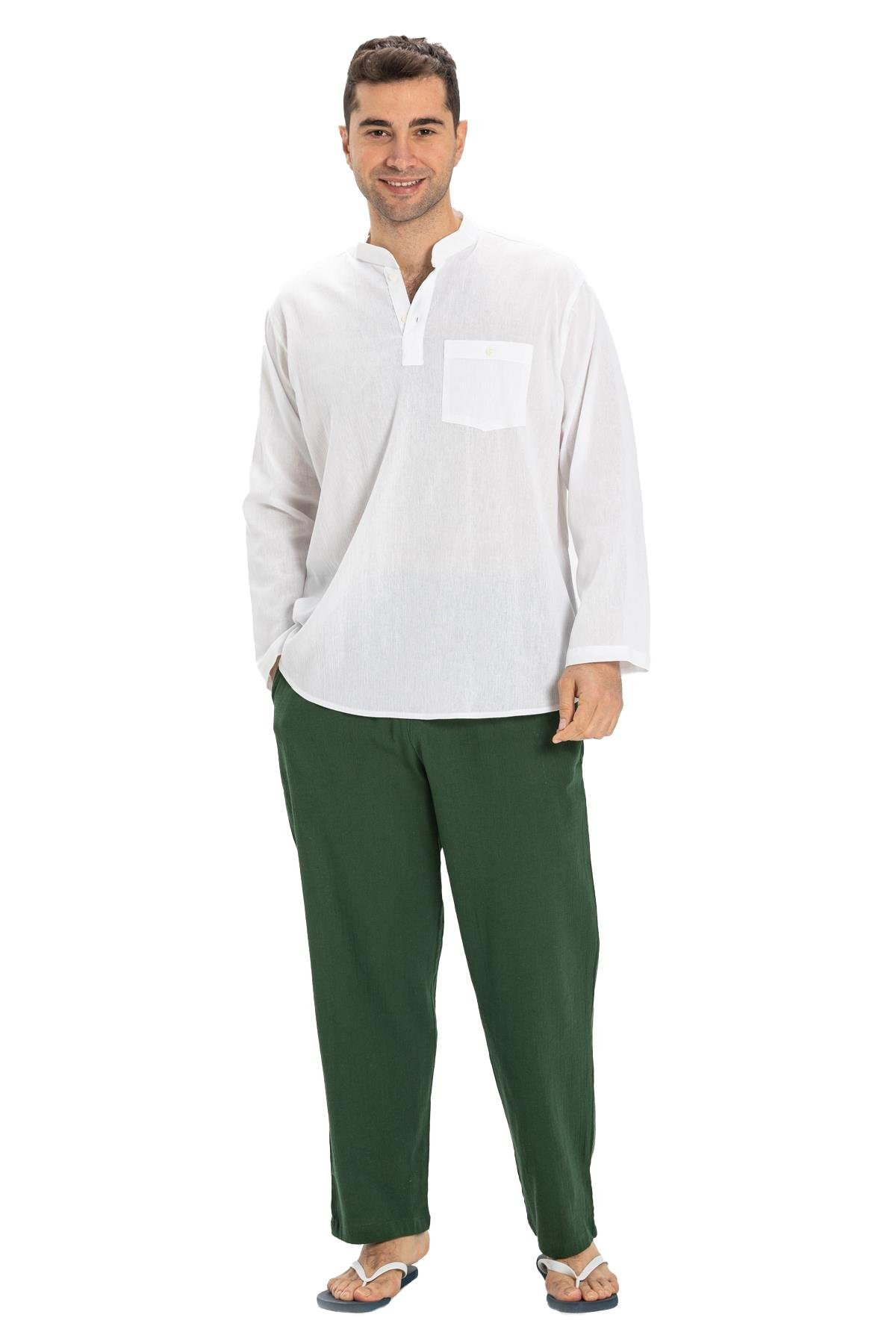 Büyük Beden Şile Bezi Uzun Kol Tek Cepli Hakim Yaka Erkek Tshirt Beyaz 3001