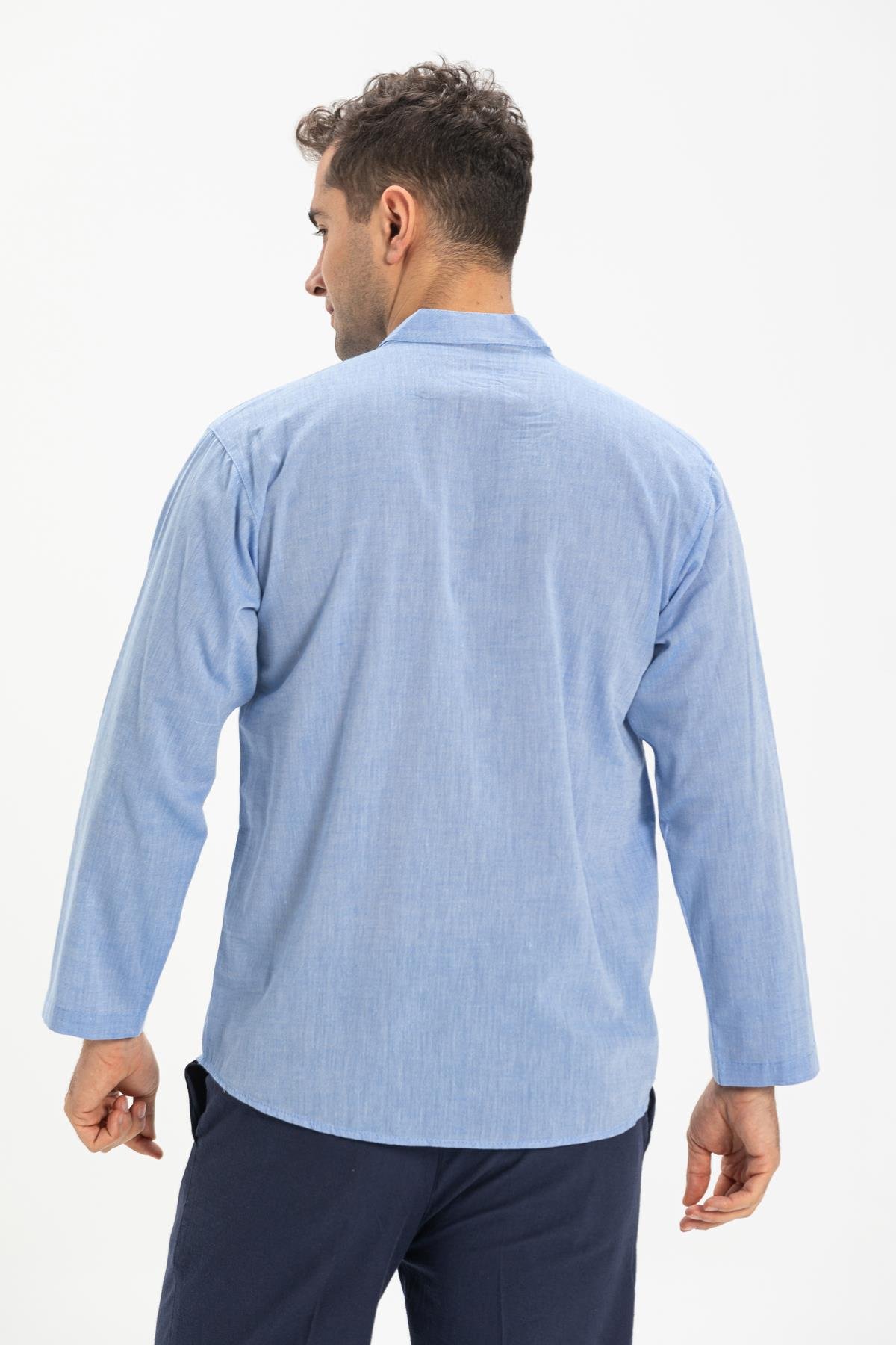 Büyük Beden Şile Bezi Uzun Kol Tek Cepli Hakim Yaka Erkek Tshirt Mavi 3032