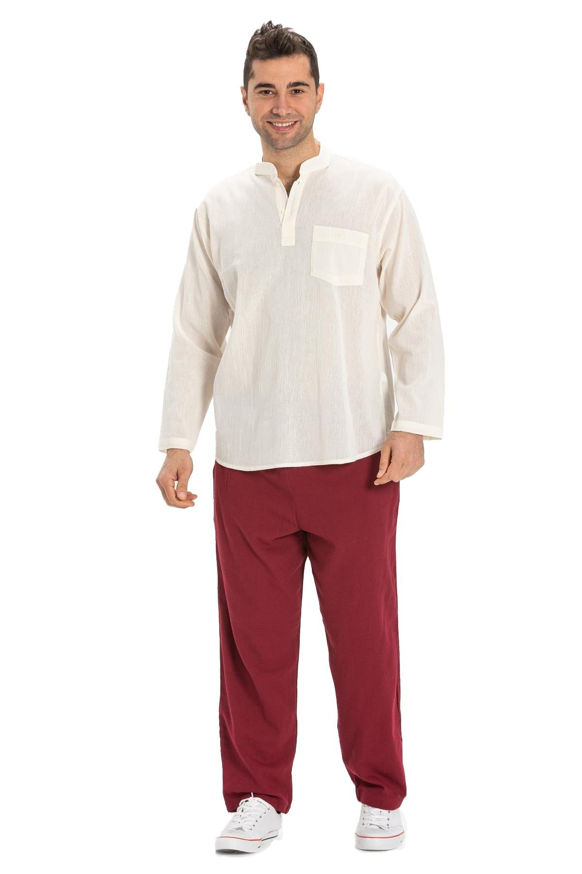 Büyük Beden Şile Bezi Uzun Kol Tek Cepli Hakim Yaka Erkek Tshirt Krem 3002