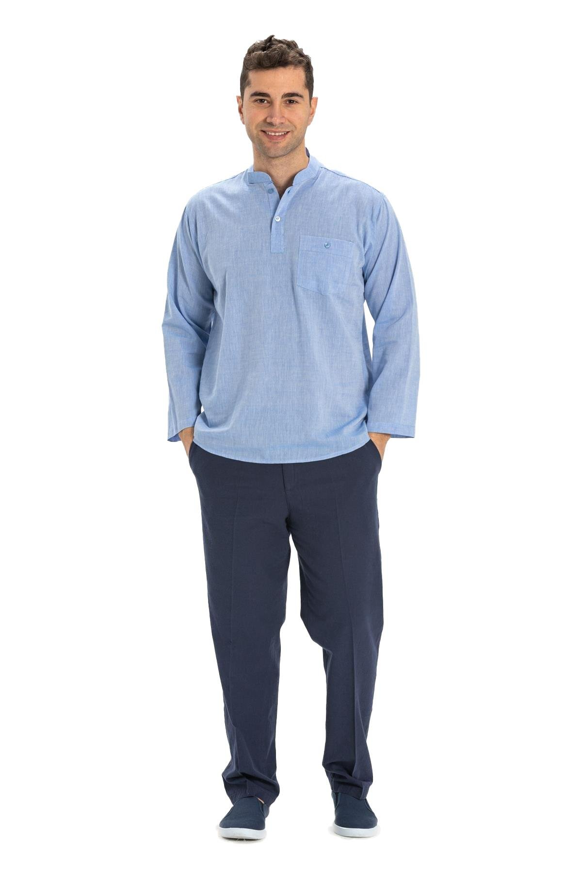 Büyük Beden Şile Bezi Uzun Kol Tek Cepli Hakim Yaka Erkek Tshirt Mavi 3032