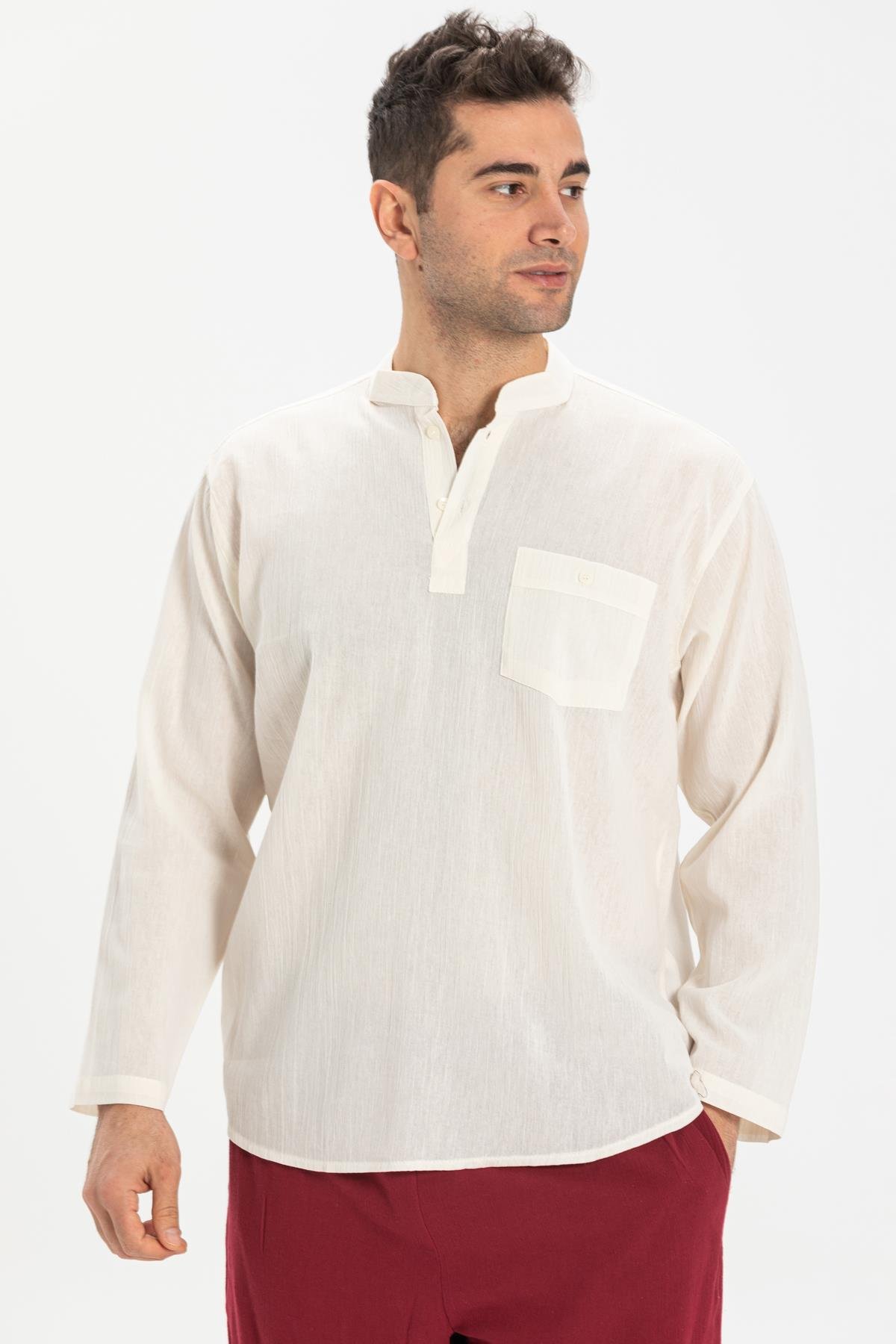 Büyük Beden Şile Bezi Uzun Kol Tek Cepli Hakim Yaka Erkek Tshirt Krem 3002