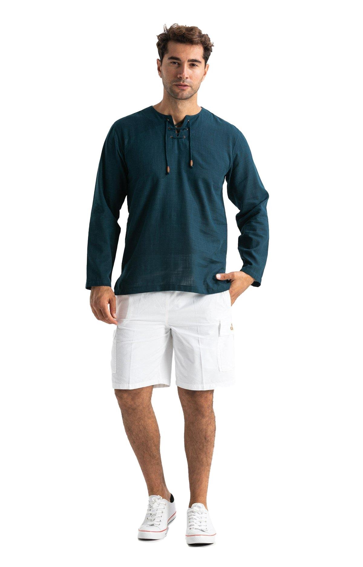 Büyük Beden Şile Bezi Uzun Kol Zımbalı Erkek Tshirt Koyu Petrol 3069