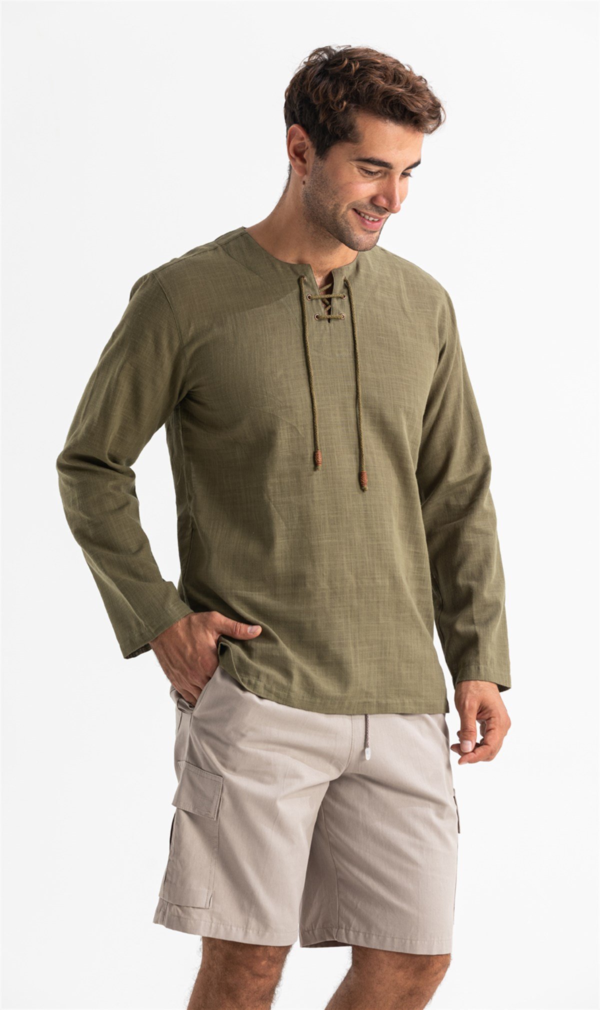 Büyük Beden Şile Bezi Uzun Kol Zımbalı Erkek Tshirt Haki 3049