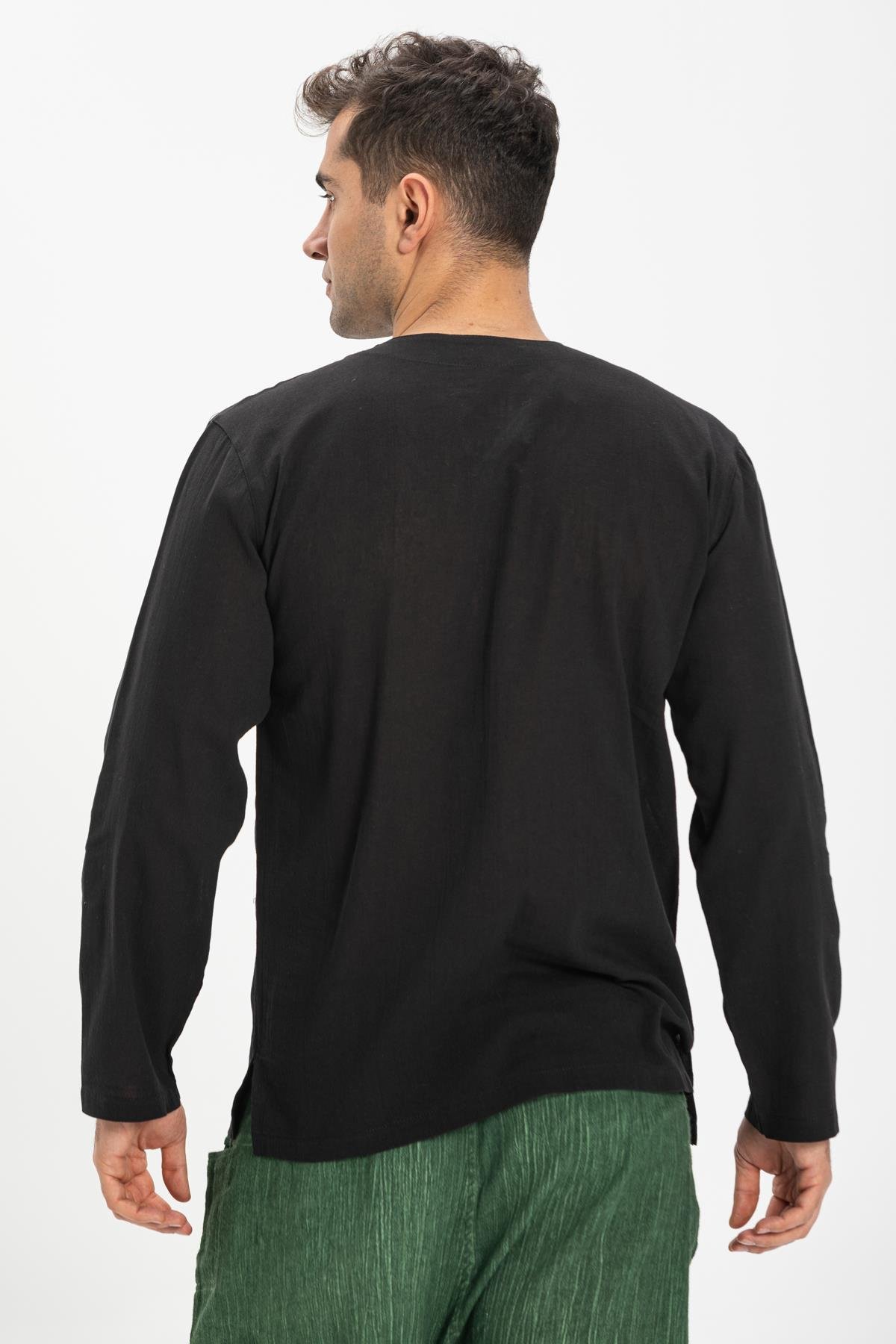 Büyük Beden Şile Bezi Uzun Kol Zımbalı Erkek Tshirt Siyah 3003