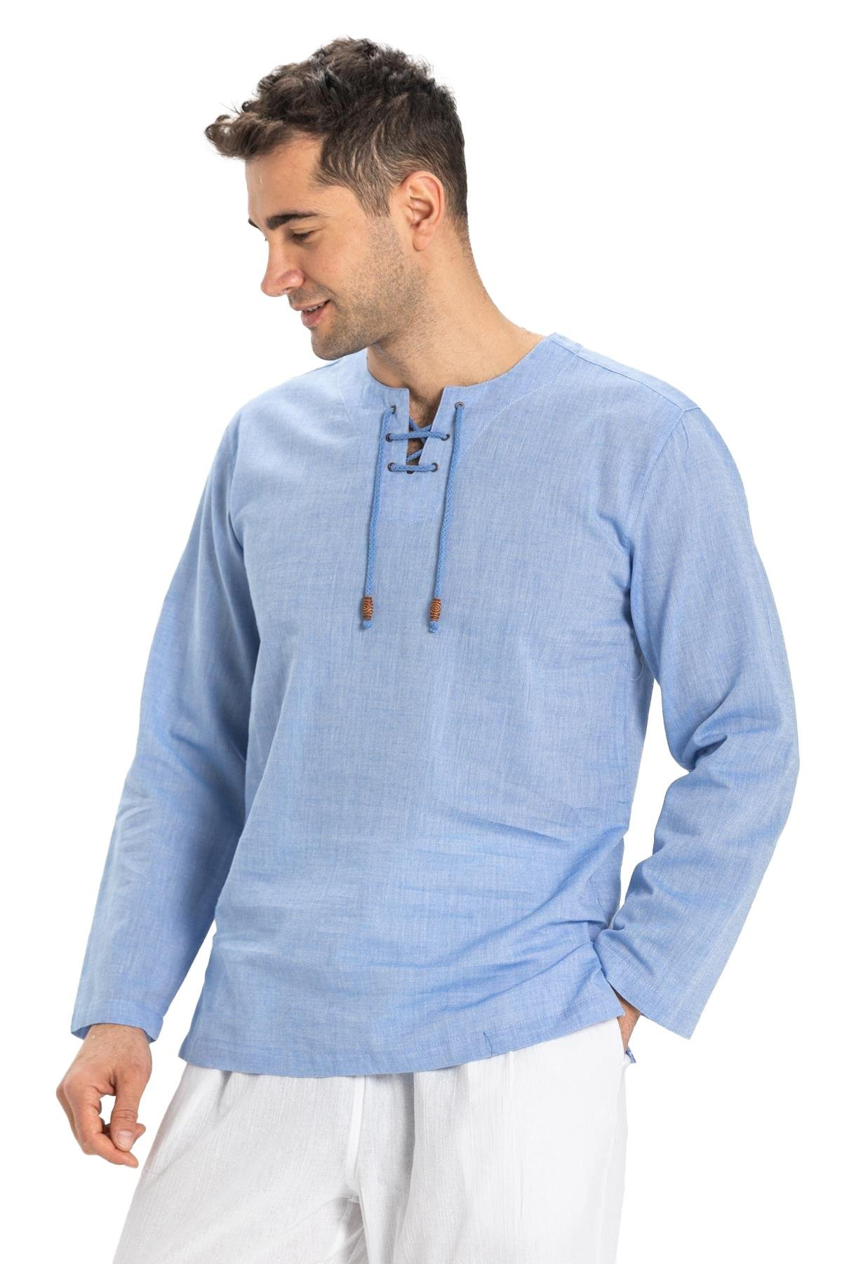 Büyük Beden Şile Bezi Uzun Kol Zımbalı Erkek Tshirt Mavi 3032