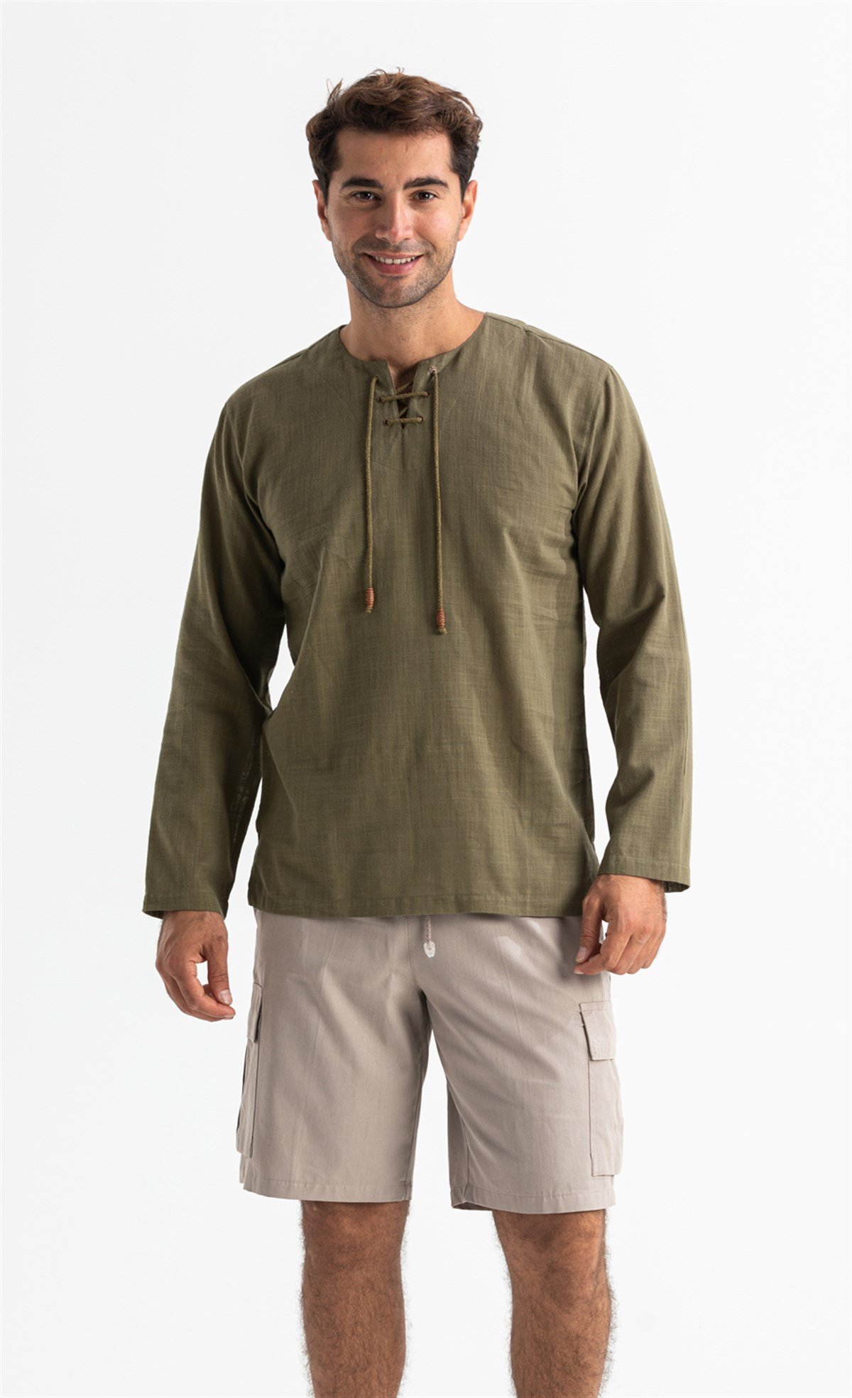 Büyük Beden Şile Bezi Uzun Kol Zımbalı Erkek Tshirt Haki 3049