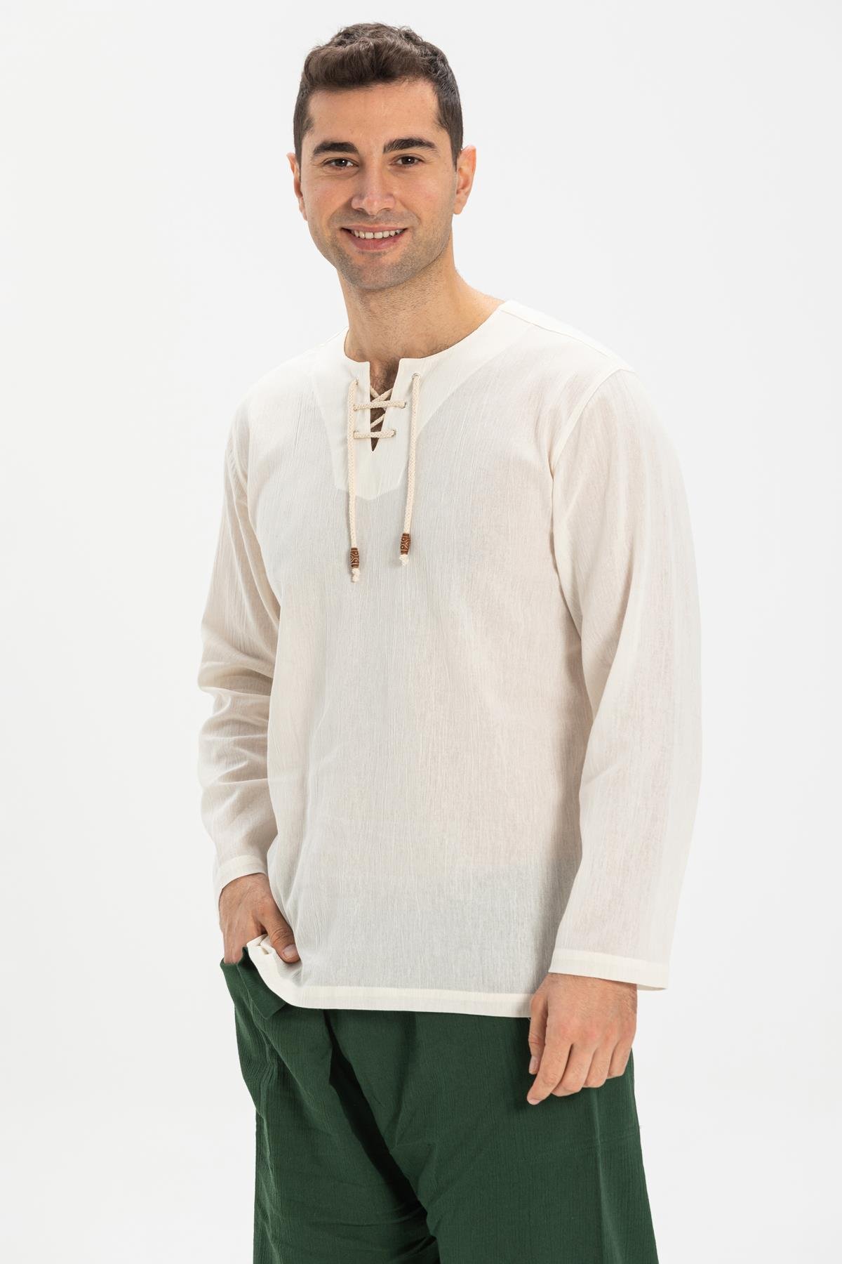 Büyük Beden Şile Bezi Uzun Kol Zımbalı Erkek Tshirt Krem 3002