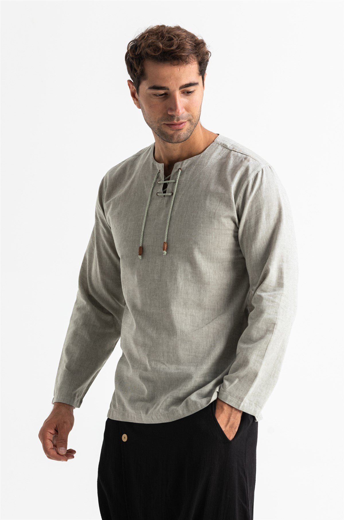 Büyük Beden Şile Bezi Uzun Kol Zımbalı Erkek Tshirt Taş 3031