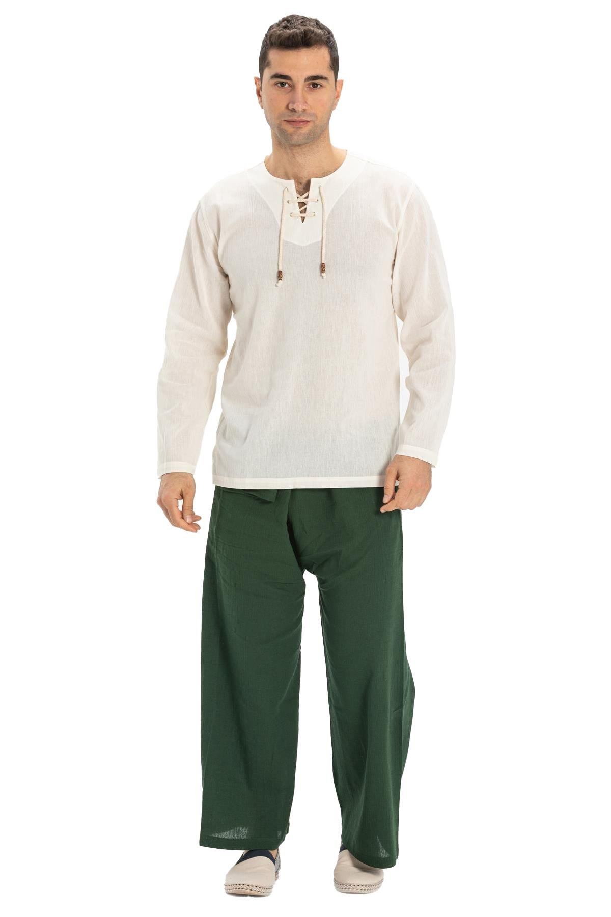 Büyük Beden Şile Bezi Uzun Kol Zımbalı Erkek Tshirt Krem 3002