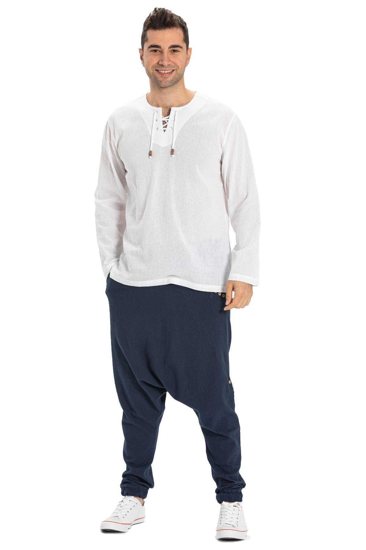 Büyük Beden Şile Bezi Uzun Kol Zımbalı Erkek Tshirt Beyaz 3001