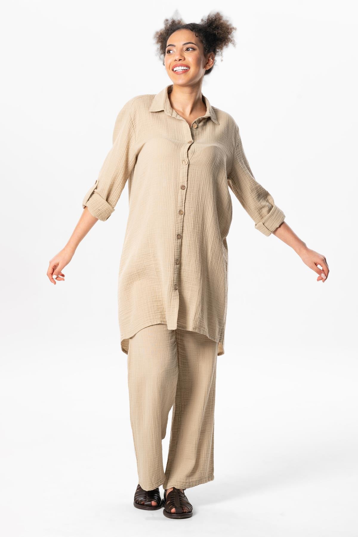 Büyük Beden Uzun Kol Sedanur Gömlek Yaka Yazlık Müslin Tunik Vizon Vzn