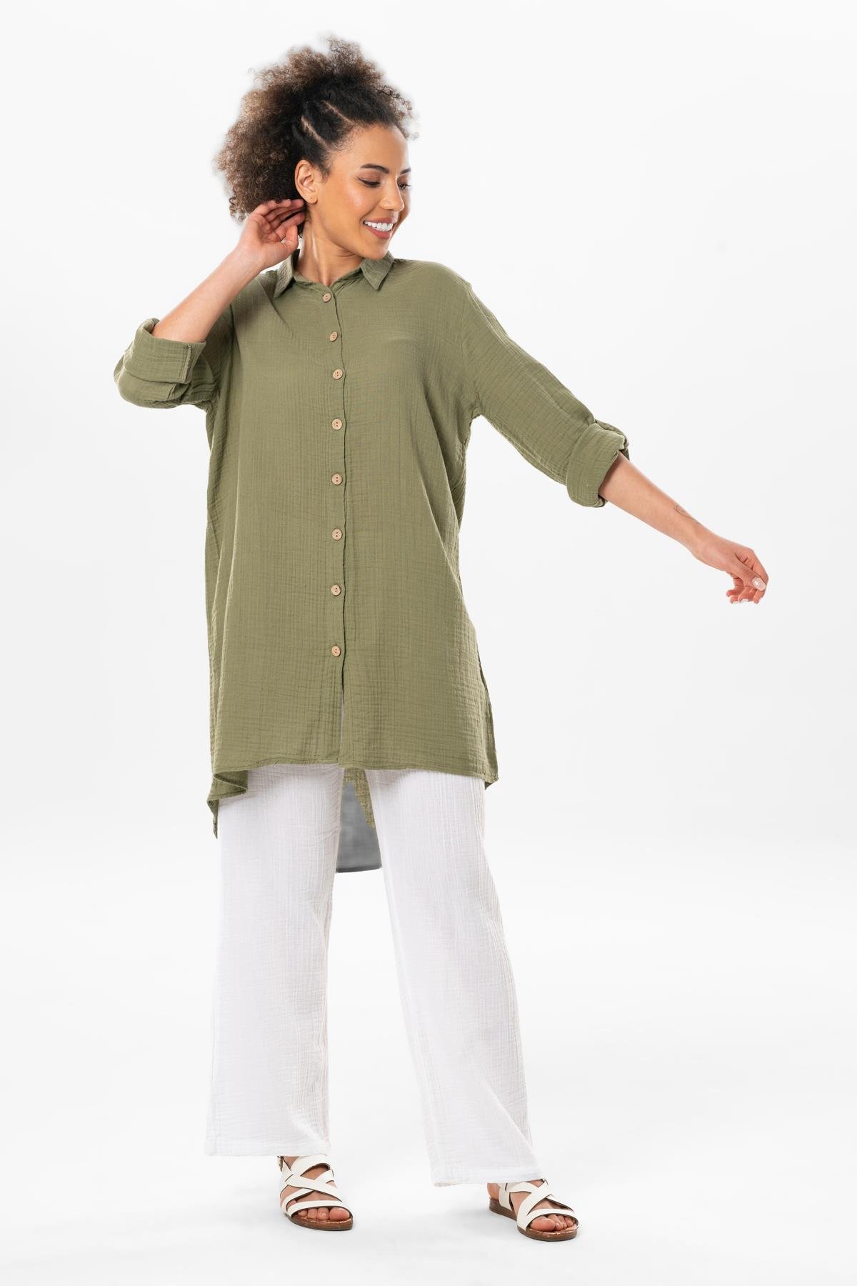 Büyük Beden Uzun Kol Sedanur Gömlek Yaka Yazlık Müslin Tunik Haki Hk