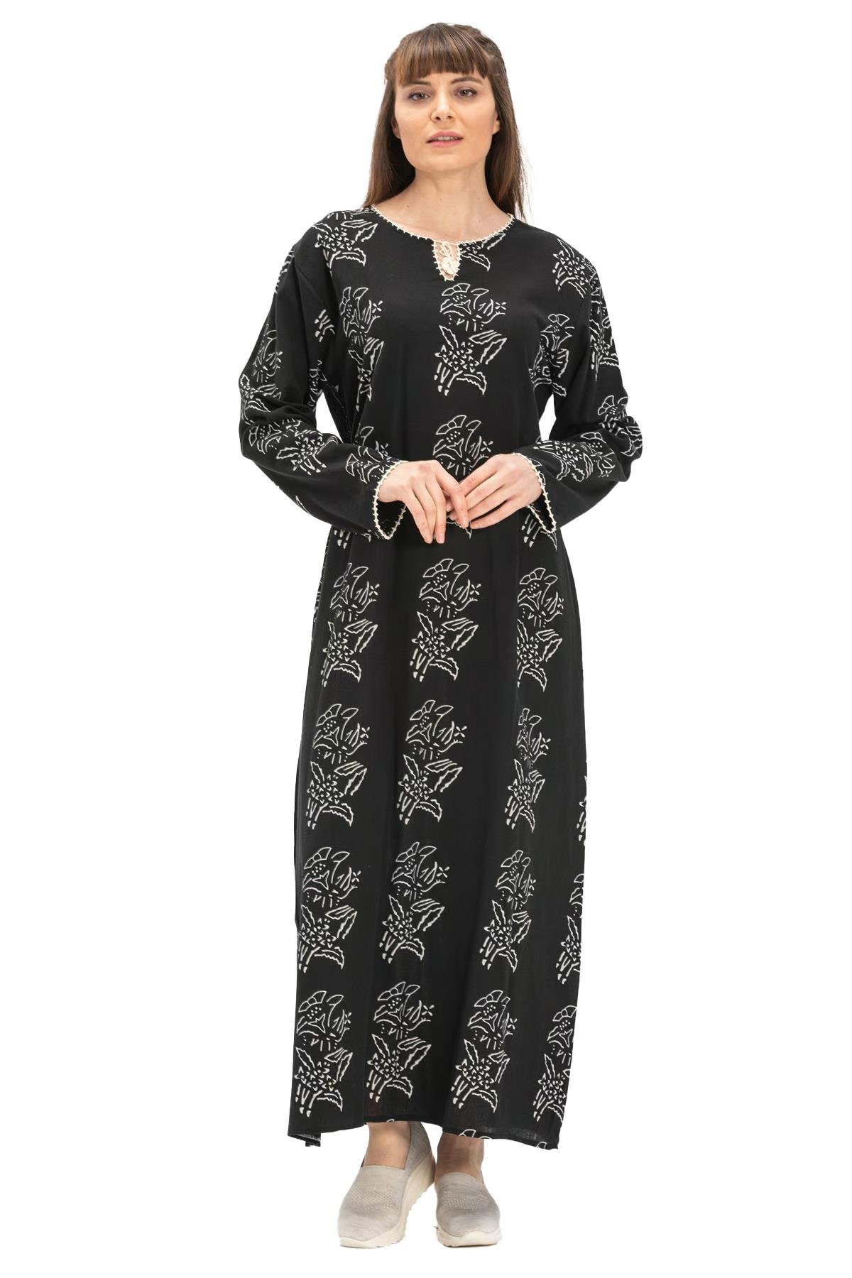 Büyük Beden Uzun Kol Şile Bezi Baskılı Uzun Elbise Zambak Desen Siyah Syh