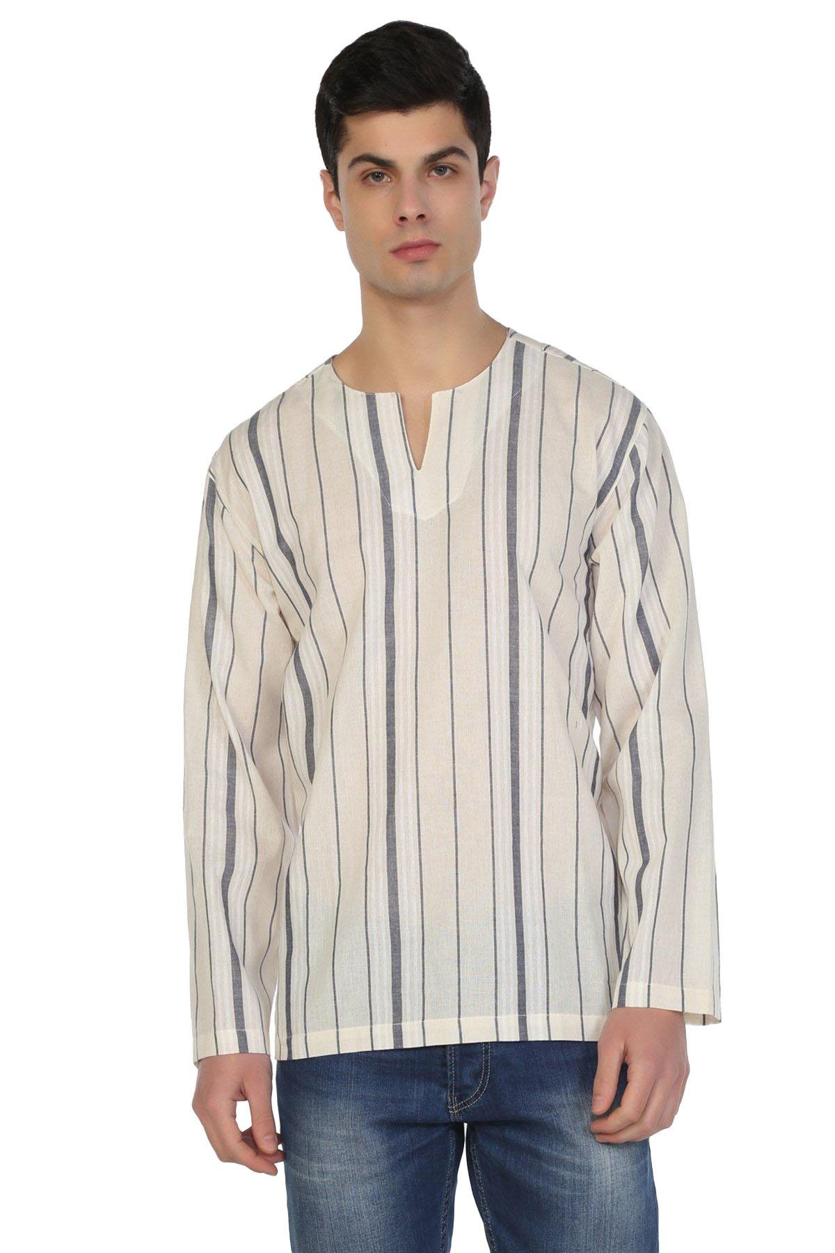 Büyük Beden Uzun Kol Şile Bezi Bisiklet Yaka Erkek Tshirt Ekru Gri Çizgili 3028