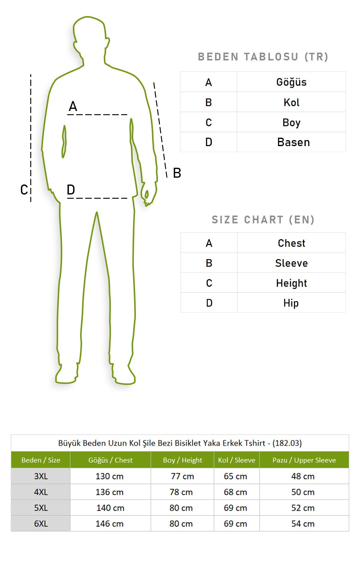 Büyük Beden Uzun Kol Şile Bezi Bisiklet Yaka Erkek Tshirt Haki 3049