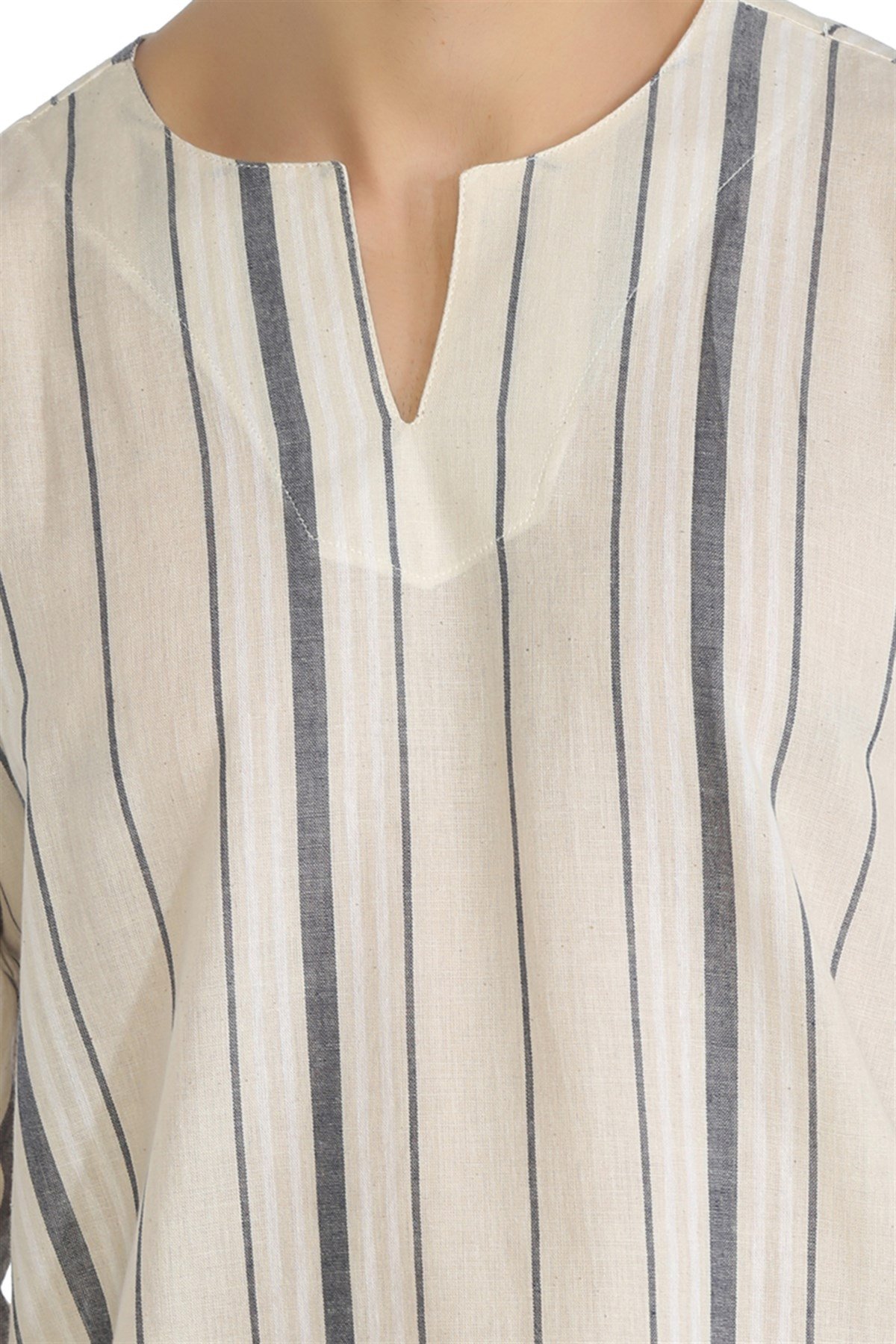 Büyük Beden Uzun Kol Şile Bezi Bisiklet Yaka Erkek Tshirt Ekru Gri Çizgili 3028