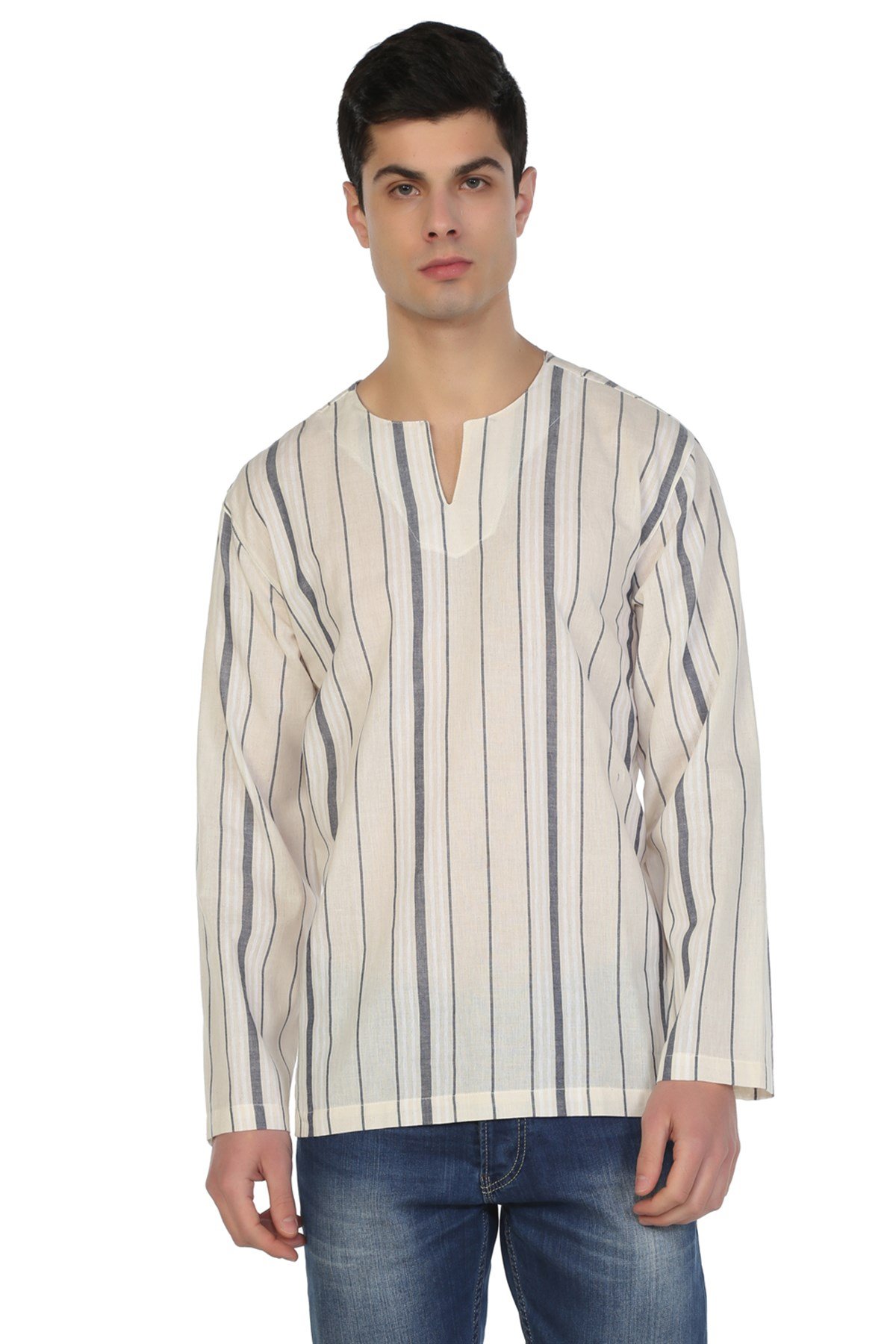 Büyük Beden Uzun Kol Şile Bezi Bisiklet Yaka Erkek Tshirt Ekru Gri Çizgili 3028