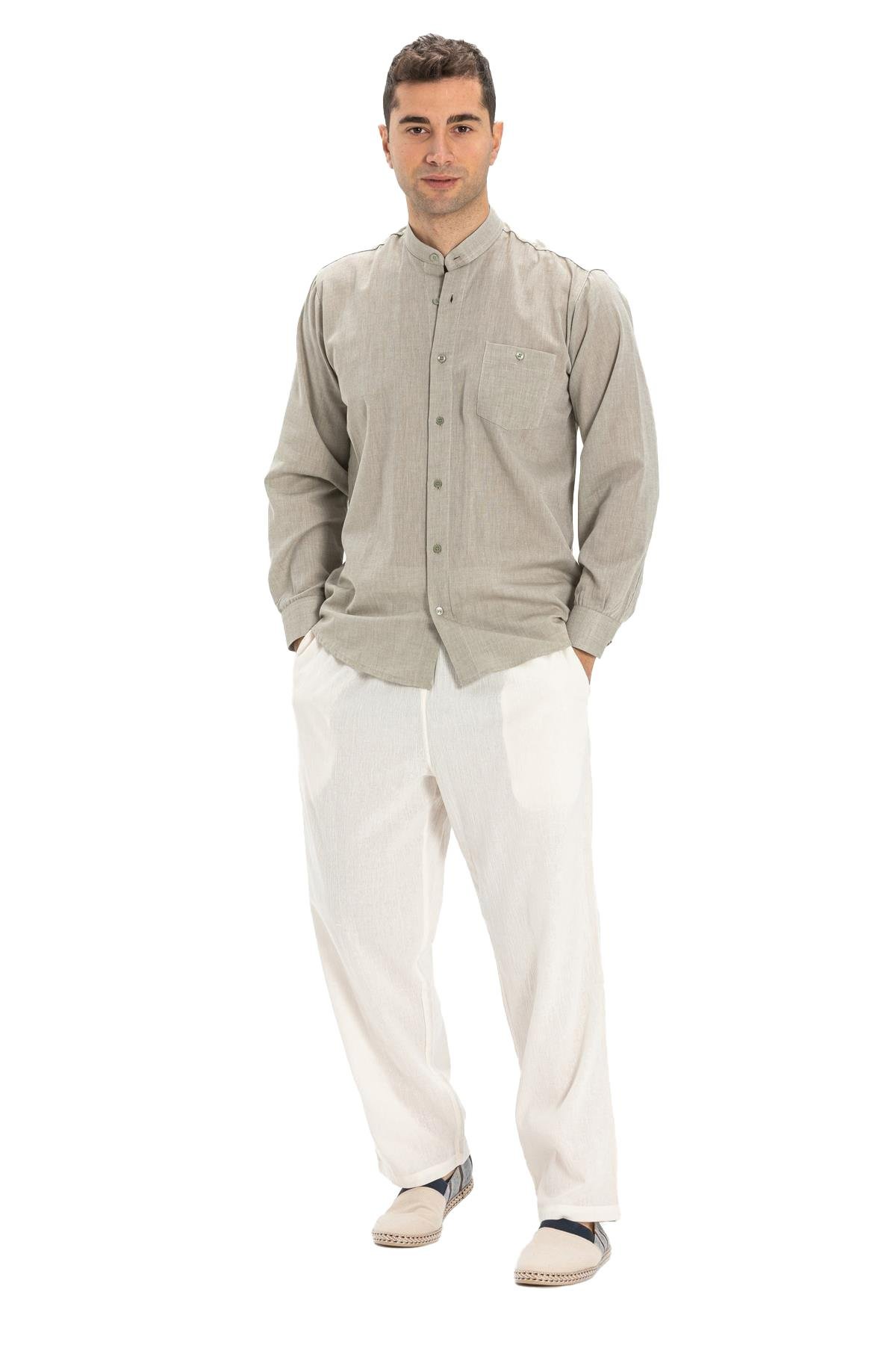 Büyük Beden Uzun Kol Şile Bezi Hakim Yaka Tek Cepli Erkek Gömlek Taş 3031