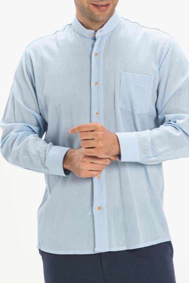 Büyük Beden Uzun Kol Şile Bezi Hakim Yaka Tek Cepli Erkek Yazlık Gömlek Buz Mavi 3027