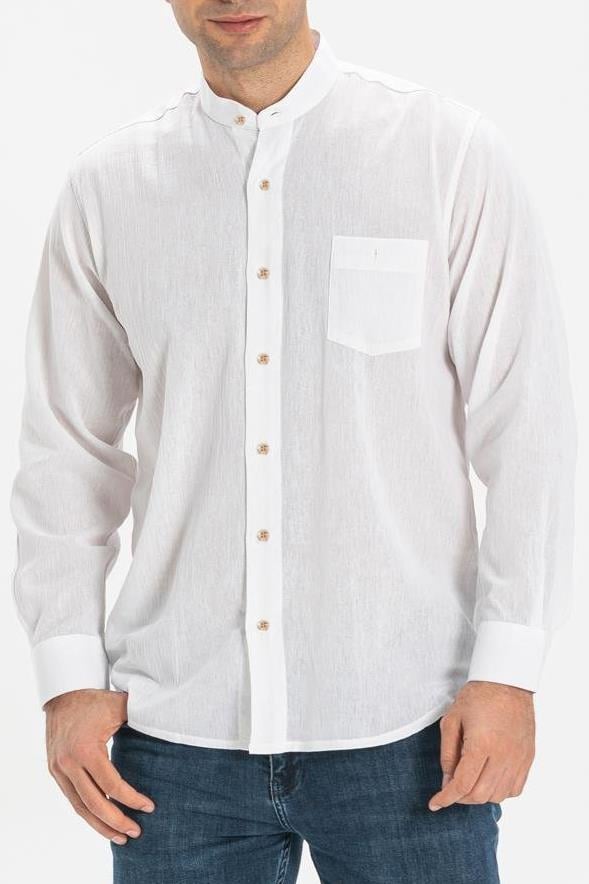 Büyük Beden Uzun Kol Şile Bezi Hakim Yaka Tek Cepli Erkek Yazlık Gömlek Beyaz 3001