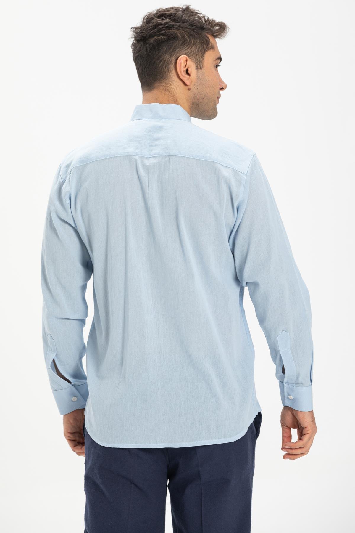 Büyük Beden Uzun Kol Şile Bezi Hakim Yaka Tek Cepli Erkek Gömlek Buz Mavi 3027