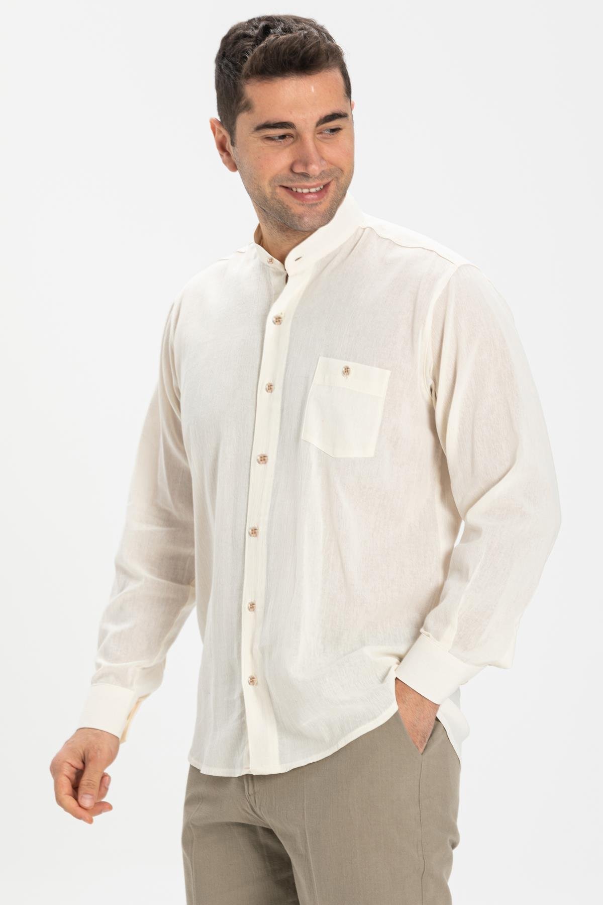 Büyük Beden Uzun Kol Şile Bezi Hakim Yaka Tek Cepli Erkek Yazlık Gömlek Krem 3002