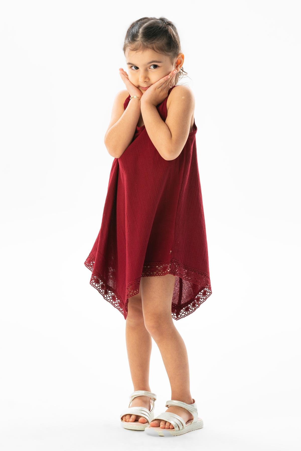 Çağla Şile Bezi Kız Çocuk Yazlık Elbise Bordo Brd