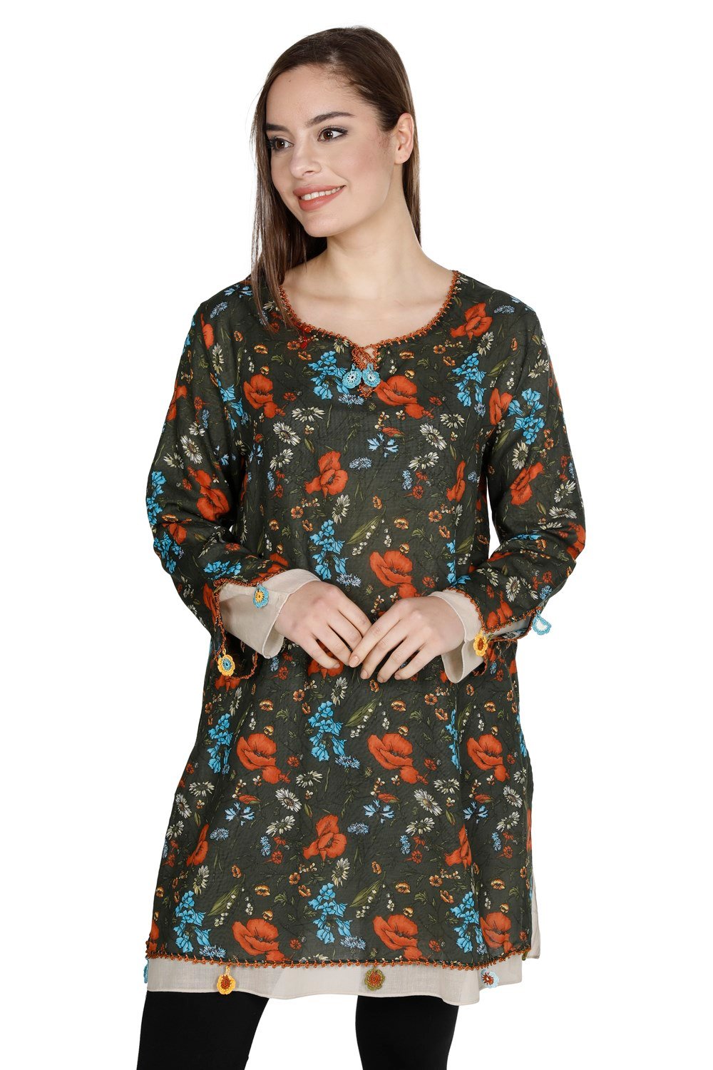 Ceyda Tunik Gelincik Desen Yeşil