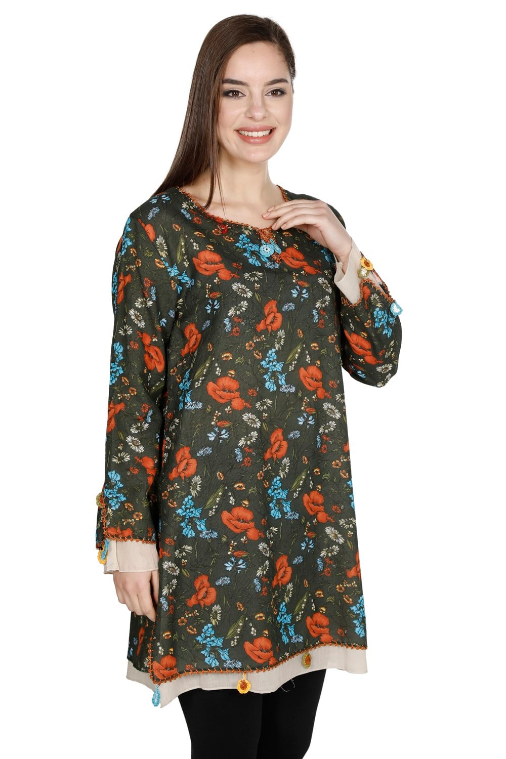 Ceyda Tunik Gelincik Desen Yeşil