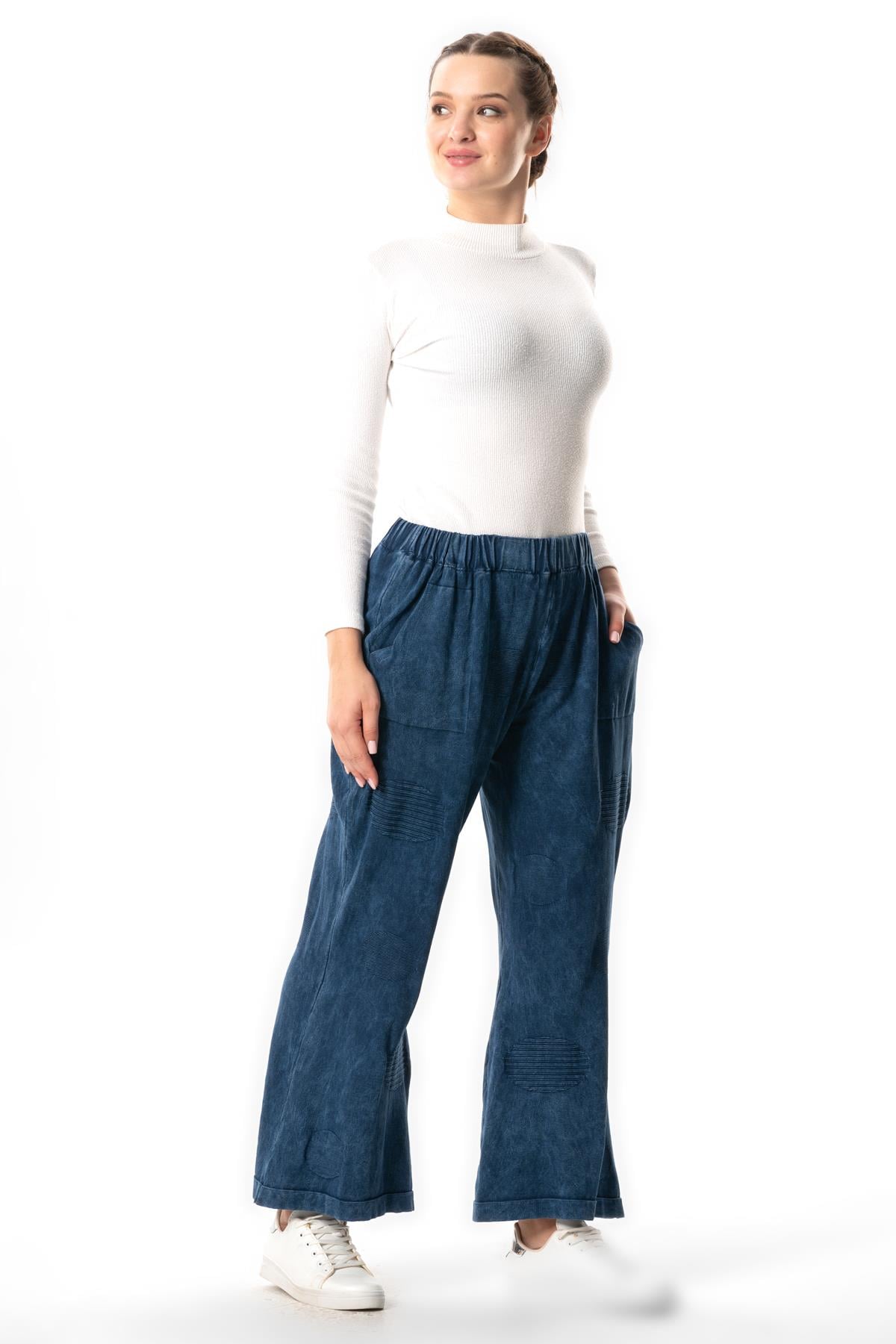 Çisel Double Pocket Fall Winter Knitwear Pants Elastic Waist Indigo