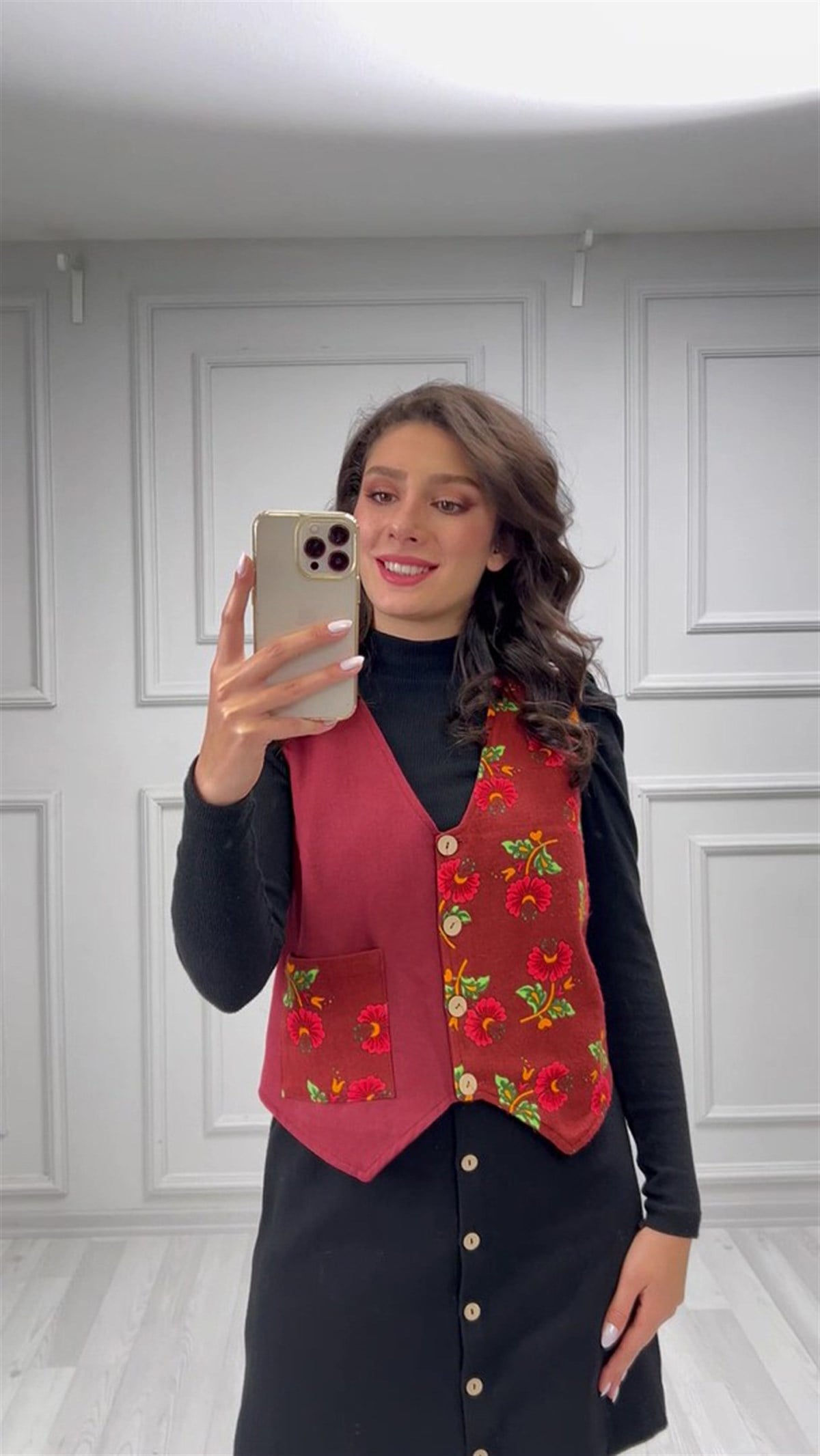 Ebrar Pazen Zambak Desen Kısa Yelek Bordo Brd