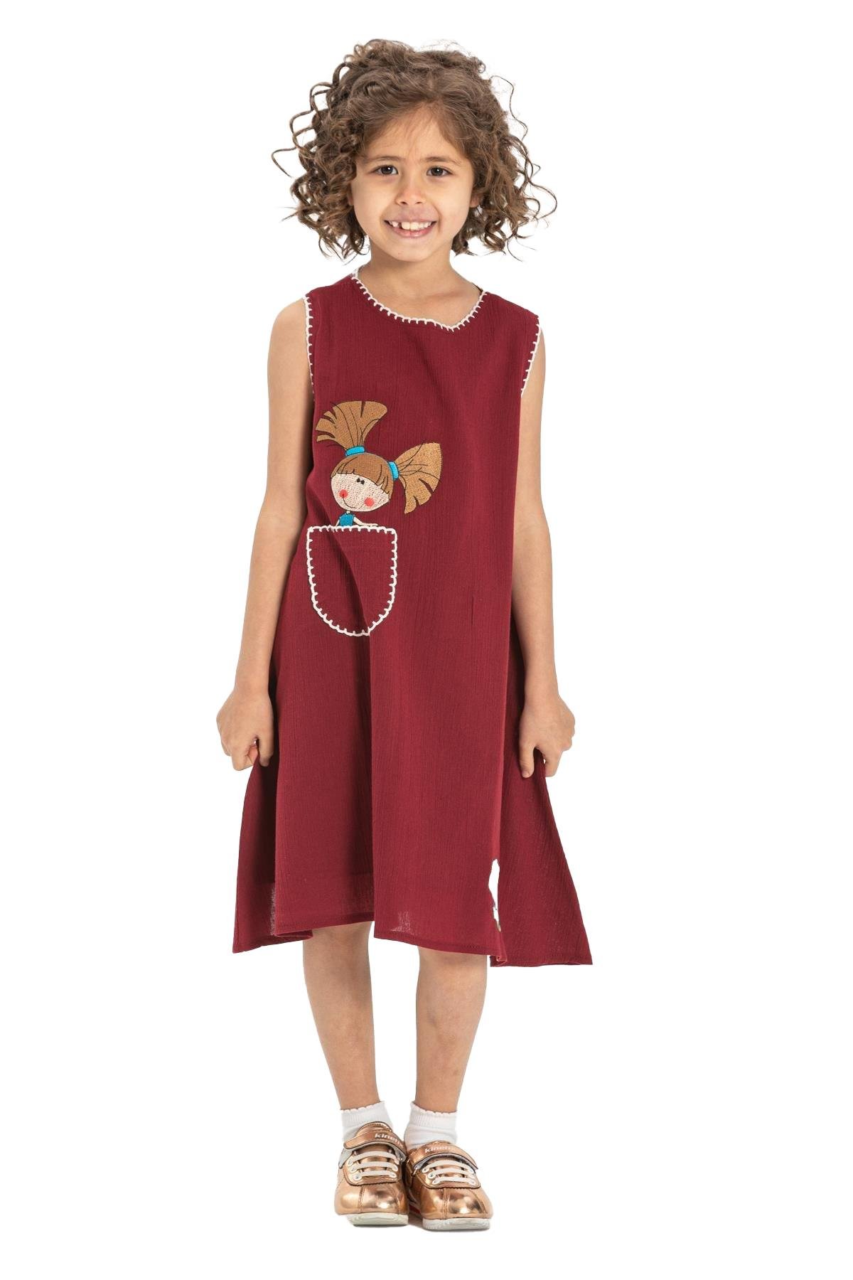 Ece Şile Bezi Kız Çocuk Elbise Bordo Brd
