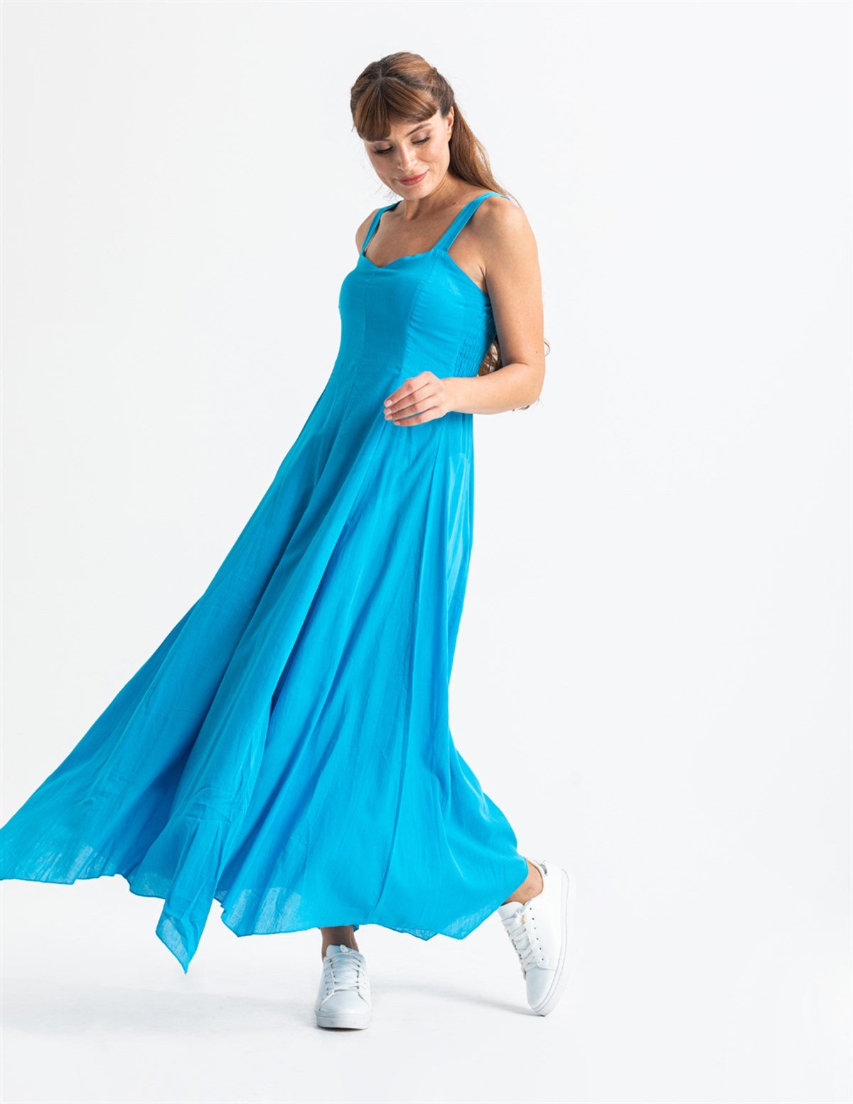 Emel Vual Uzun Elbise Turkuaz Trkz