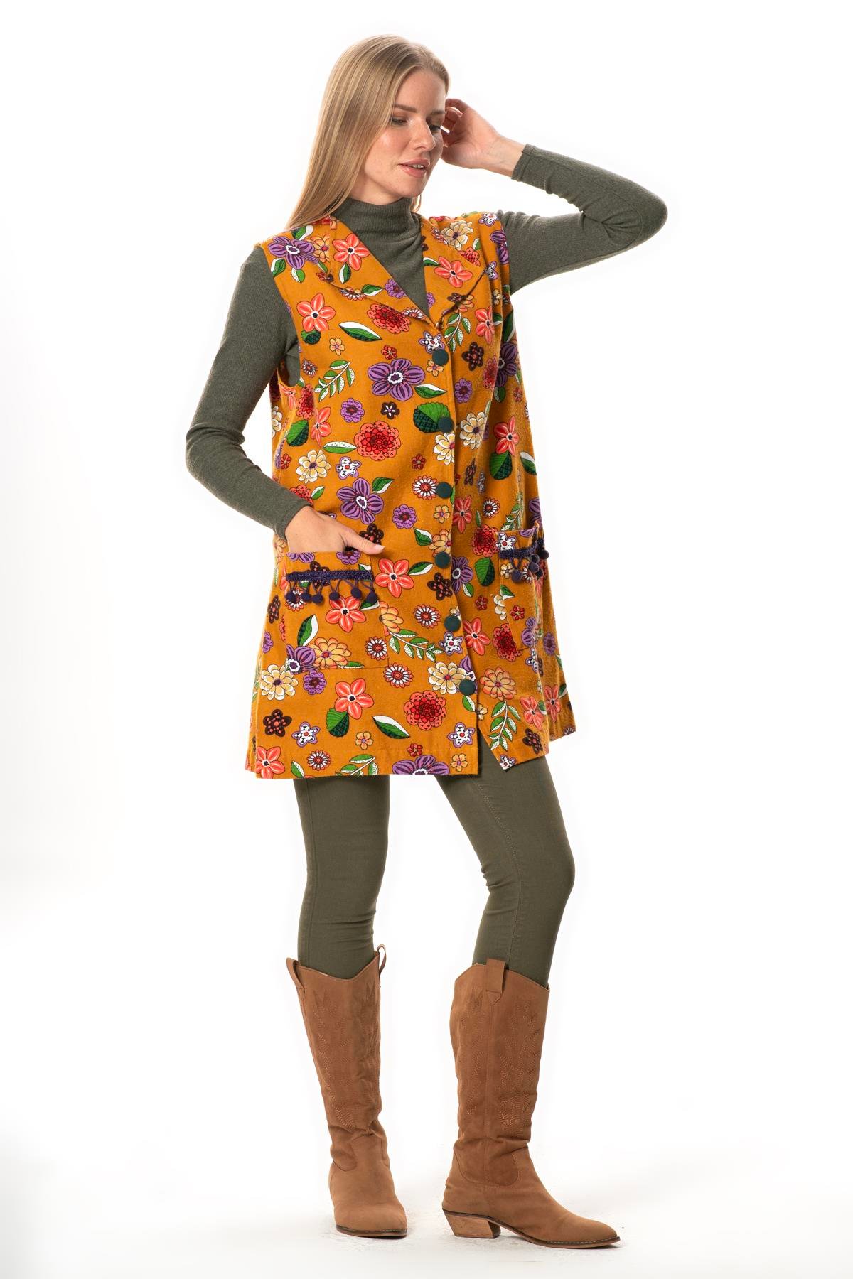 Esra Çiçek Desenli Otantik Çift Cepli Kolsuz Pazen Kışlık Yelek Hardal Hrd