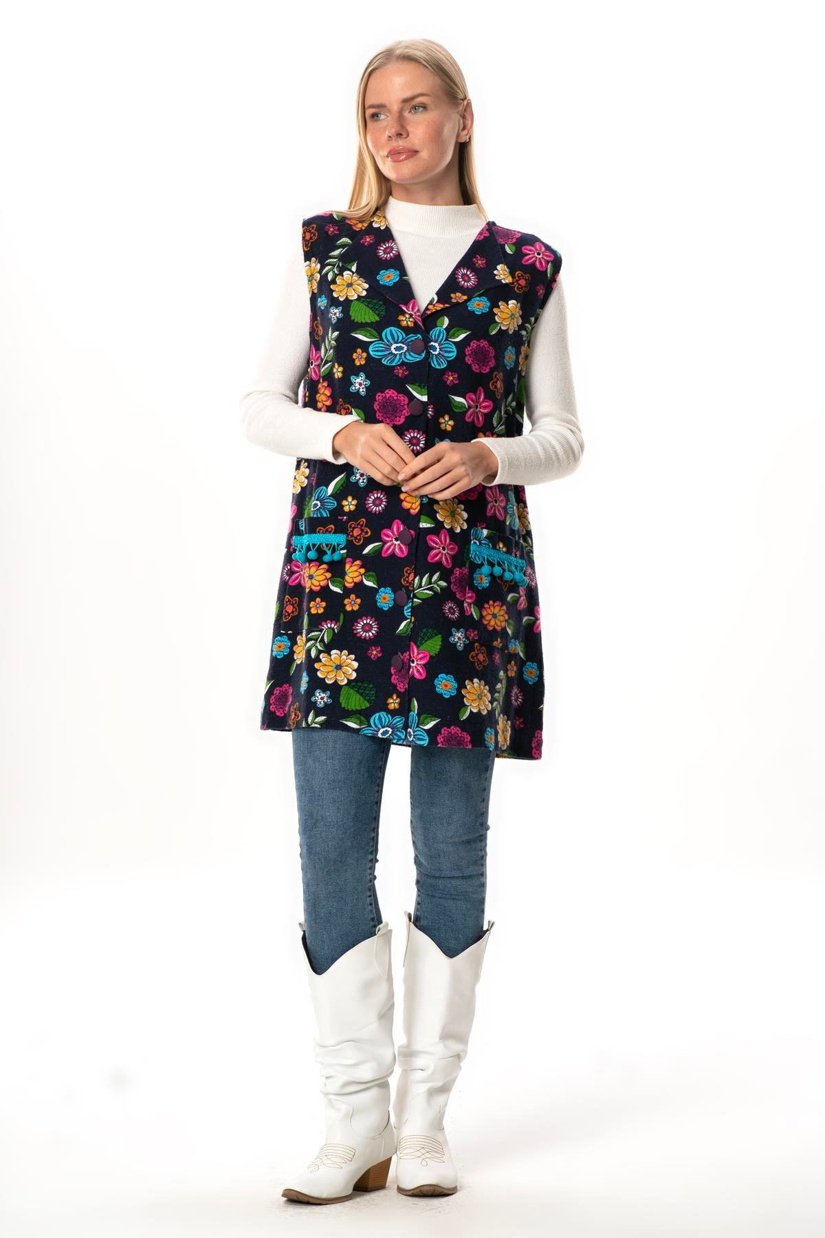 Esra Çiçek Desenli Otantik Çift Cepli Kolsuz Pazen Kışlık Yelek Lacivert Lcvt