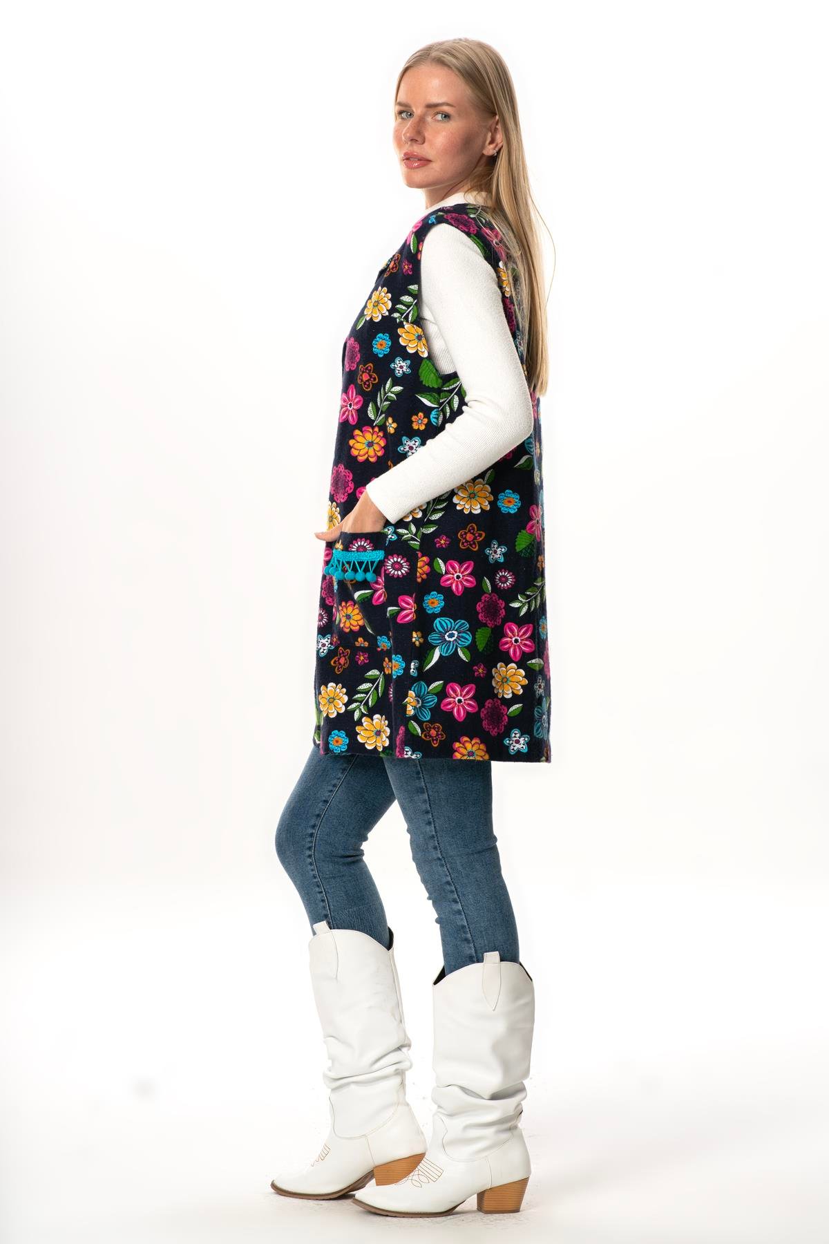 Esra Çiçek Desenli Otantik Çift Cepli Kolsuz Pazen Kışlık Yelek Lacivert Lcvt