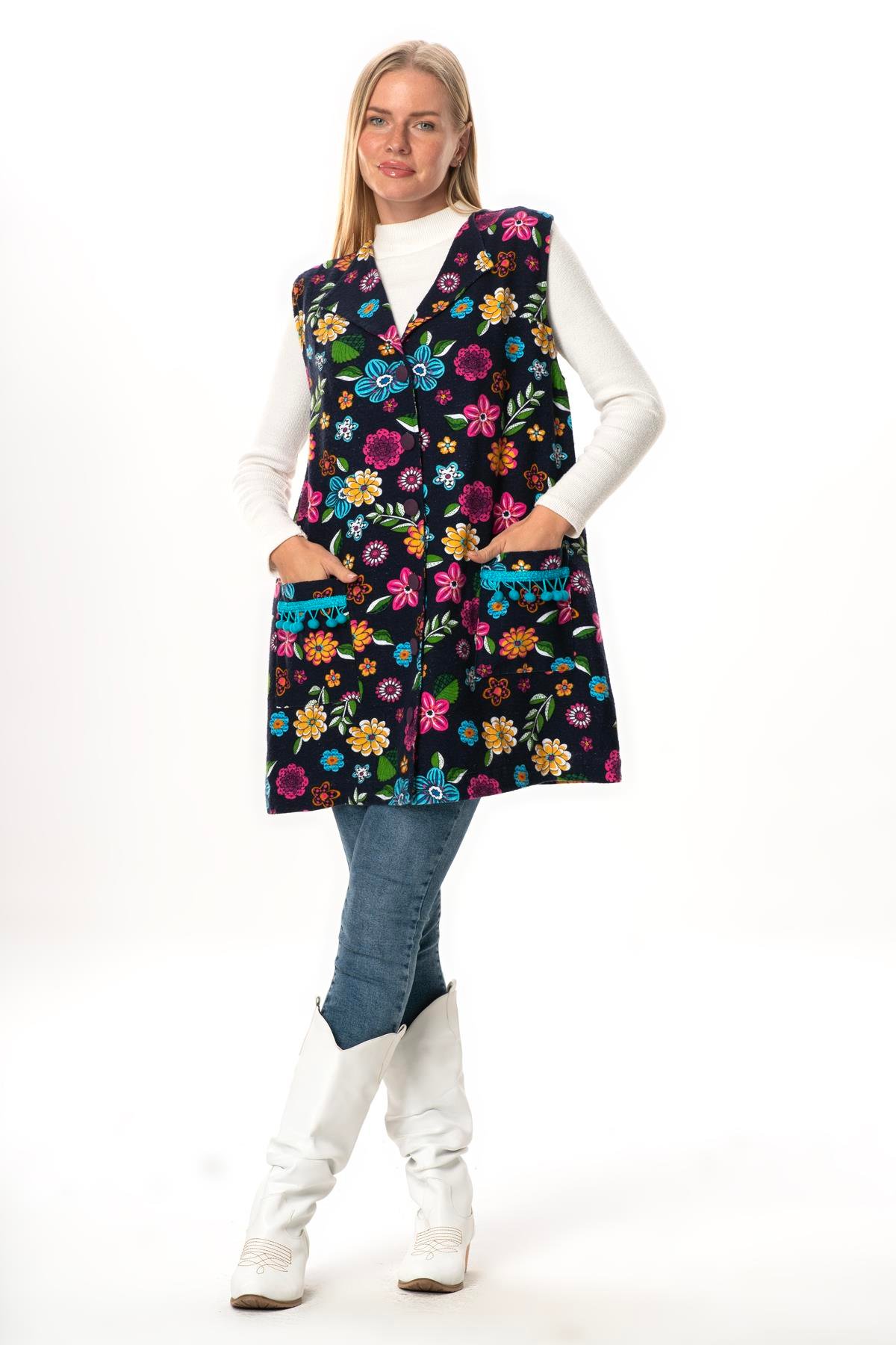 Esra Çiçek Desenli Otantik Çift Cepli Kolsuz Pazen Kışlık Yelek Lacivert Lcvt