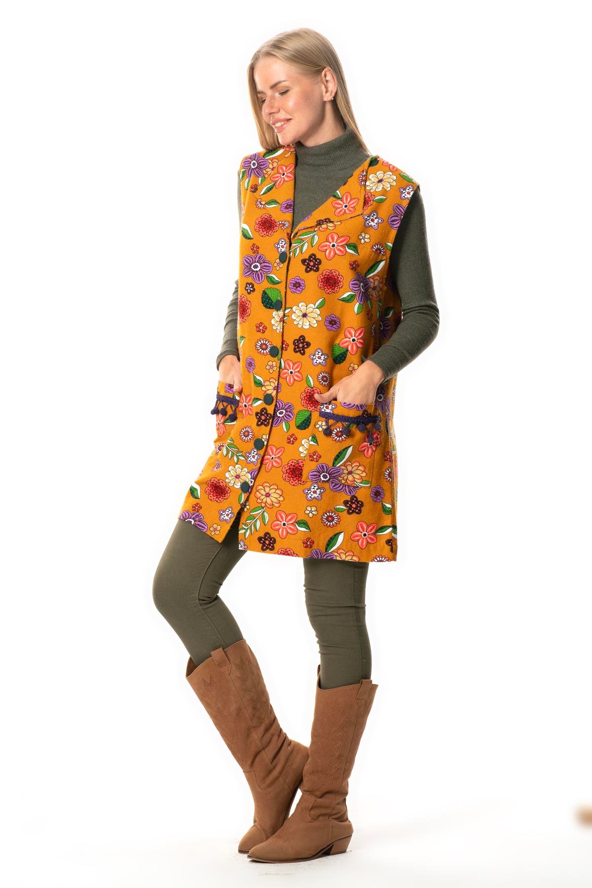 Esra Çiçek Desenli Otantik Çift Cepli Kolsuz Pazen Kışlık Yelek Hardal Hrd