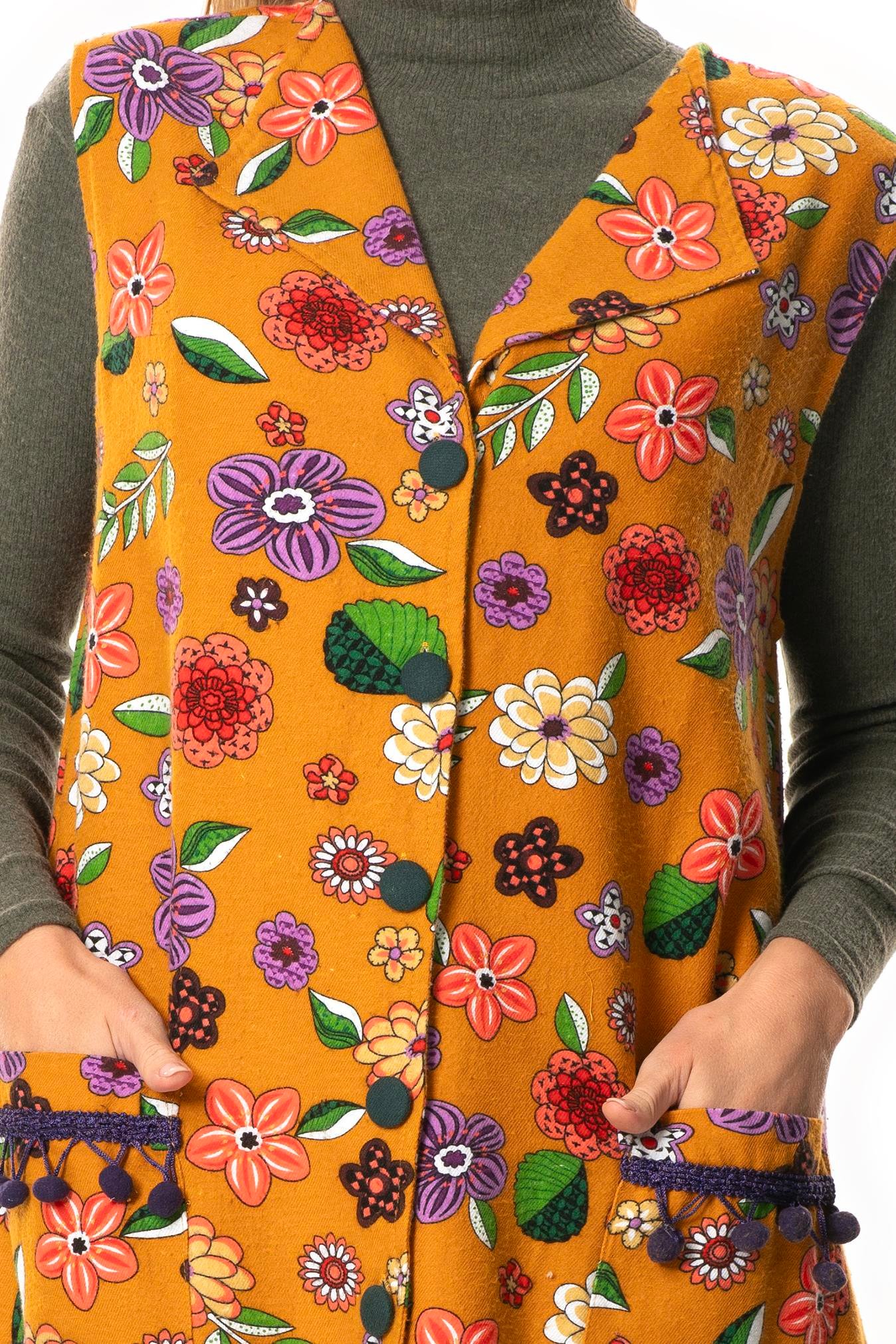 Esra Çiçek Desenli Otantik Çift Cepli Kolsuz Pazen Kışlık Yelek Hardal Hrd