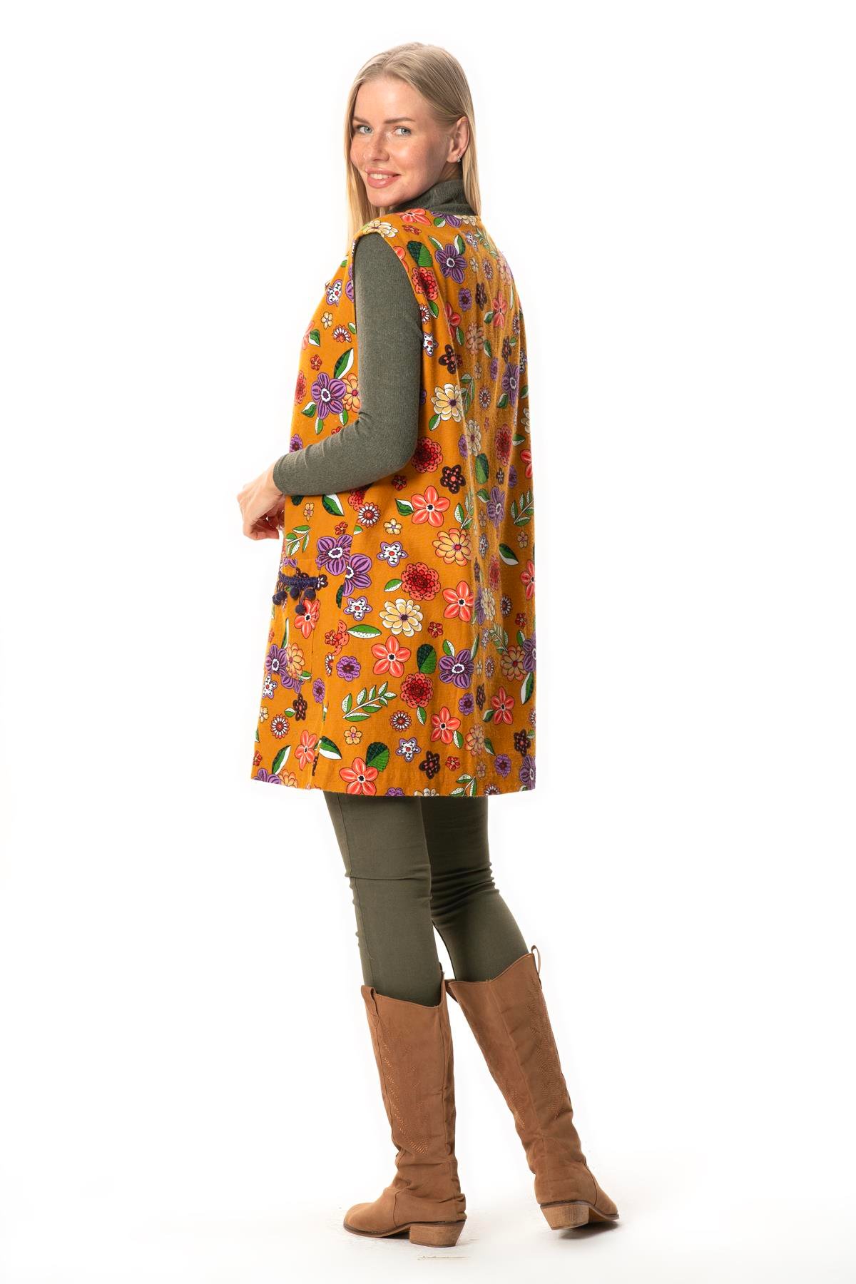 Esra Çiçek Desenli Otantik Çift Cepli Kolsuz Pazen Kışlık Yelek Hardal Hrd