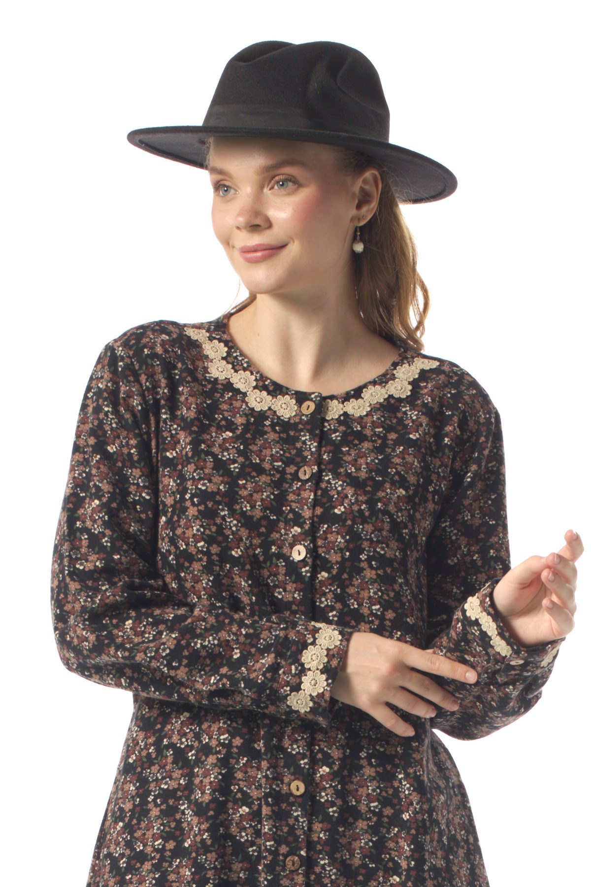 Feriha Pazen Boydan Düğmeli Menekşe Desen Uzun Kol Kışlık Uzun Elbise Siyah Syh