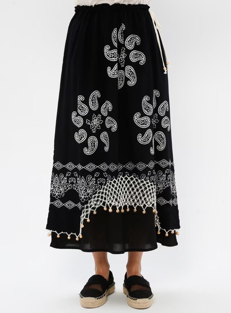 Fileli Şile Bezi Taş Baskı Etek Güneş Desen Siyah Syh