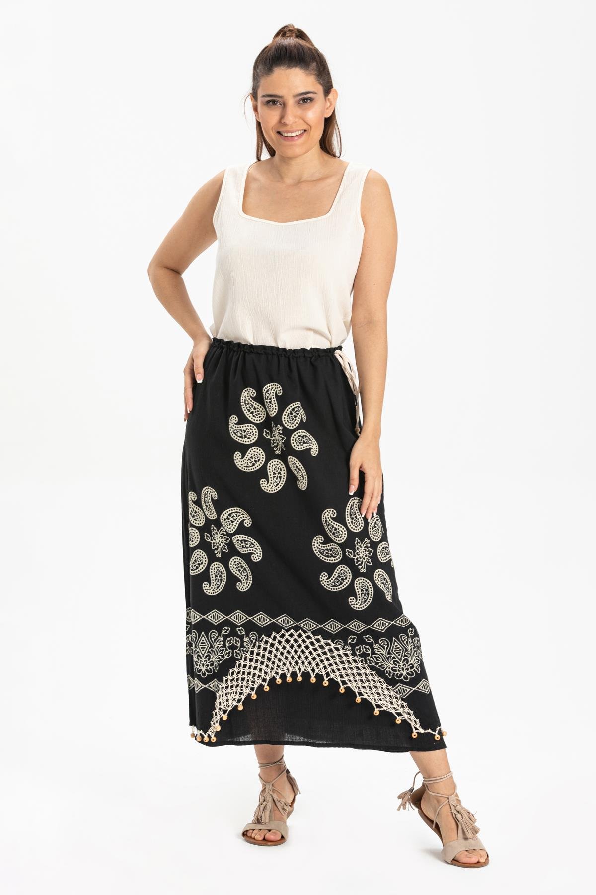 Fileli Şile Bezi Taş Baskı Etek Güneş Desen Siyah Syh