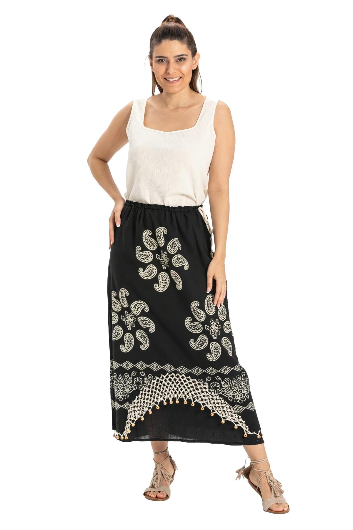 Fileli Şile Bezi Taş Baskı Etek Güneş Desen Siyah Syh