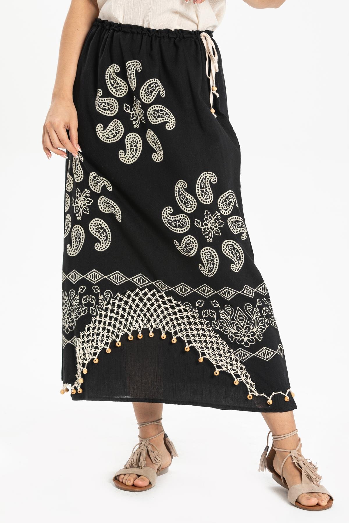 Fileli Şile Bezi Taş Baskı Etek Güneş Desen Siyah Syh