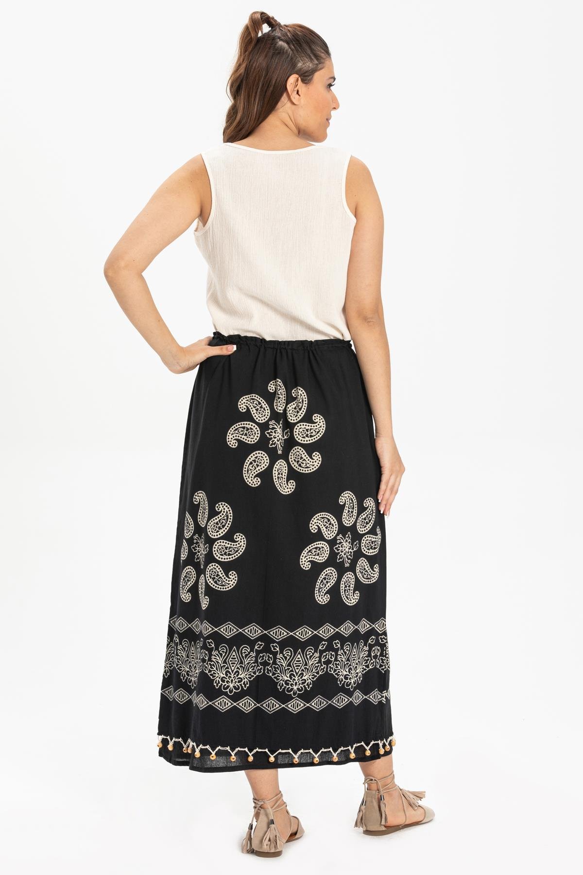 Fileli Şile Bezi Taş Baskı Etek Güneş Desen Siyah Syh